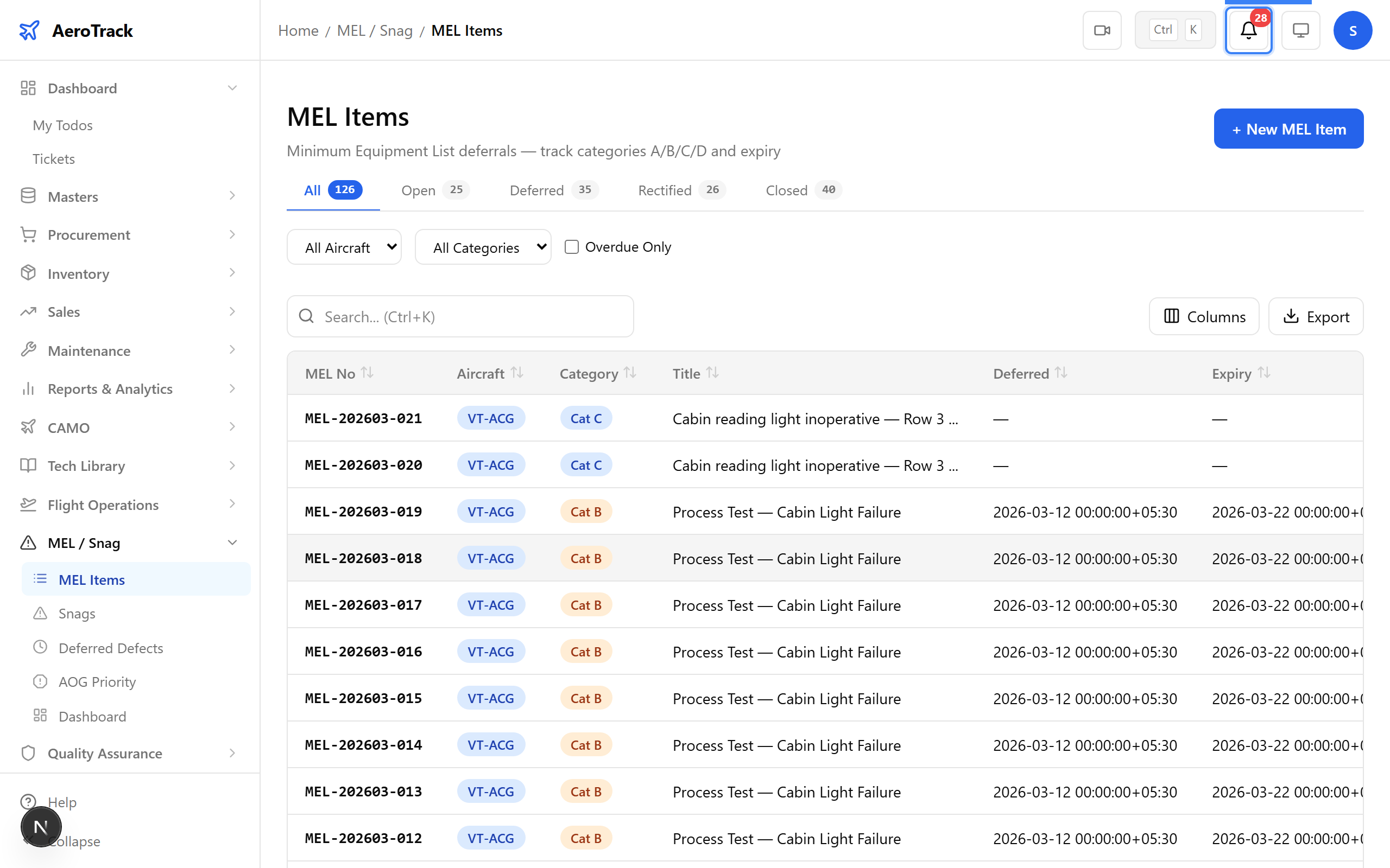 Notification bell showing MEL deadline alert
