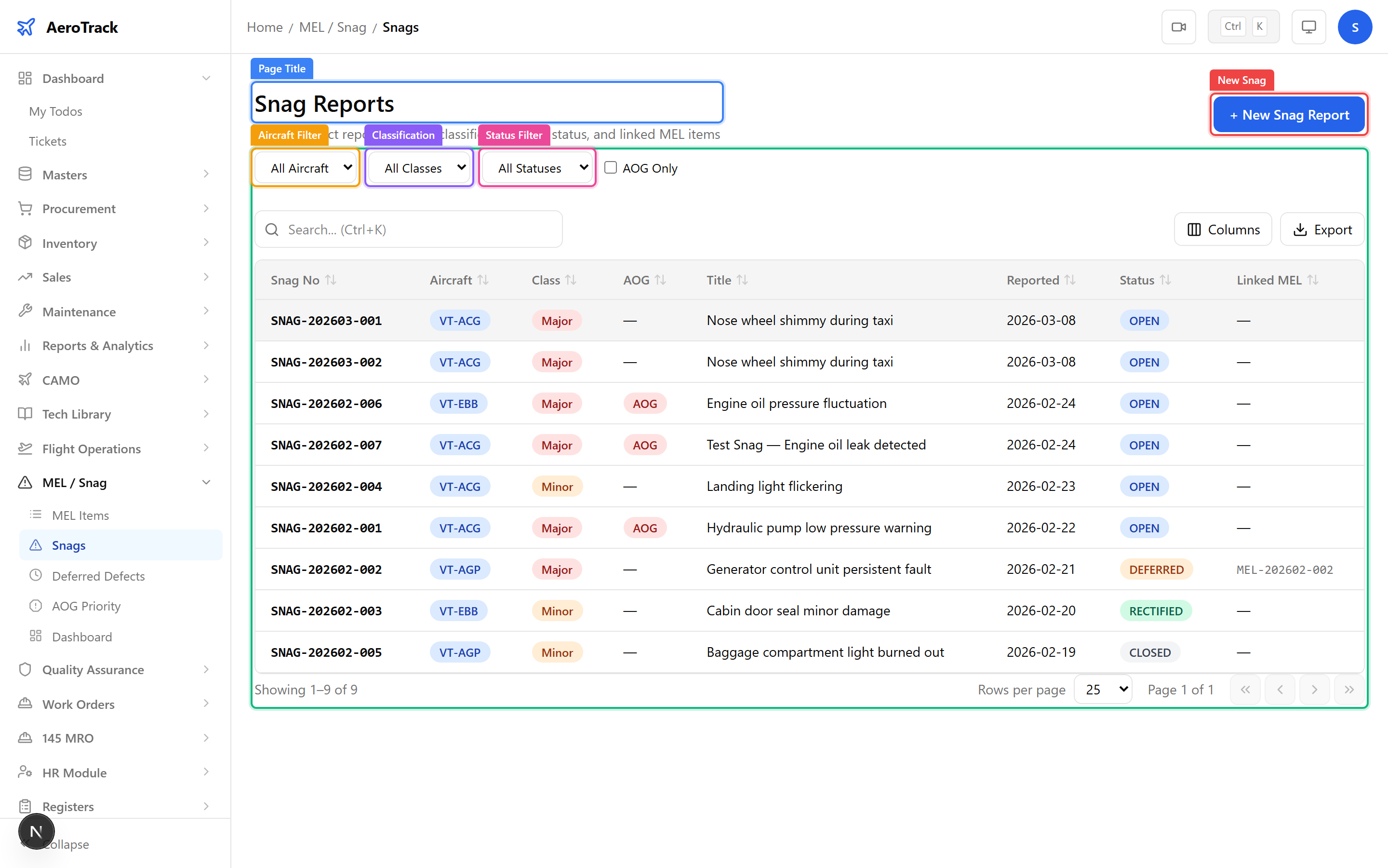 Snags list with aircraft, classification, status, and AOG badges