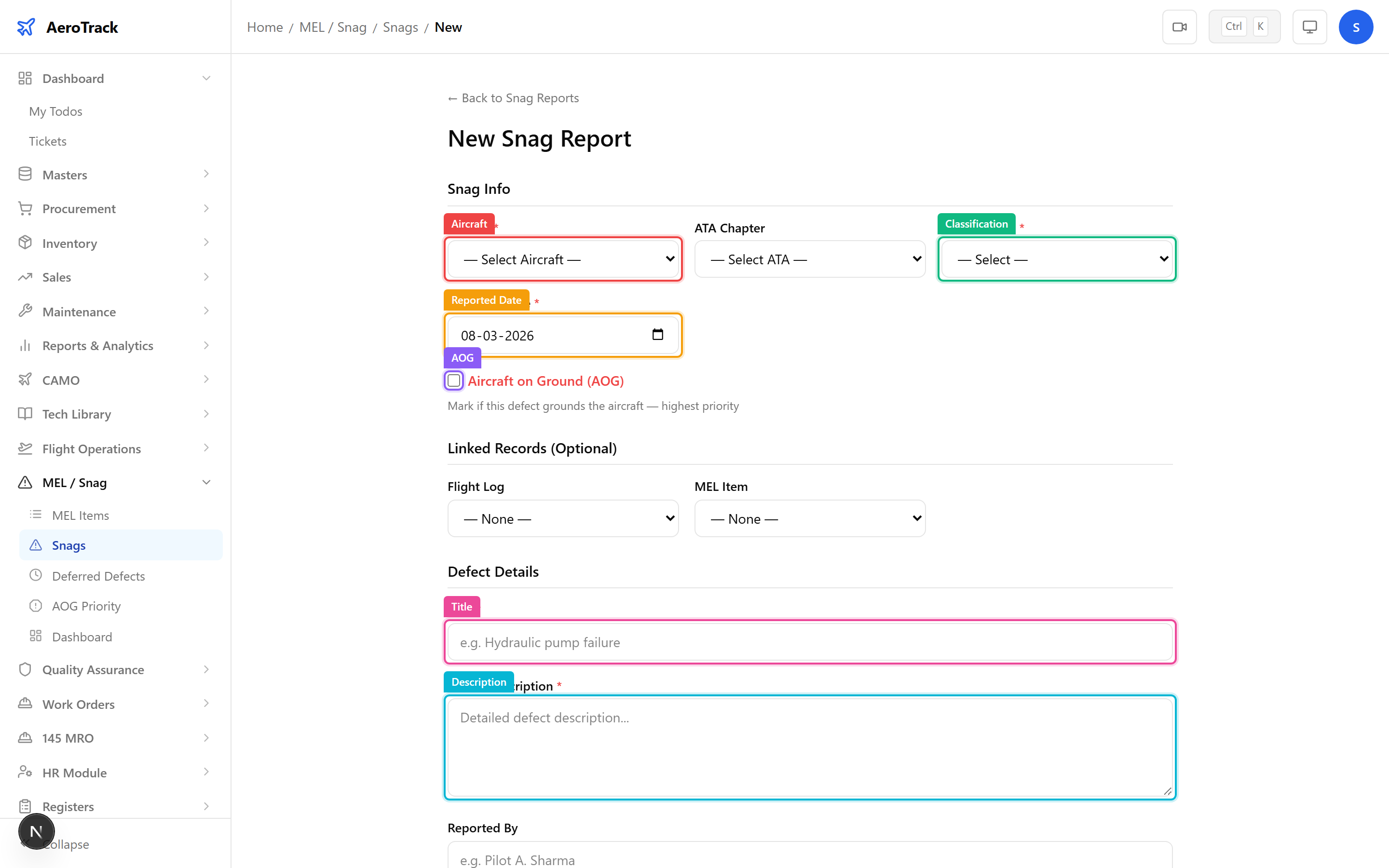 New snag form with aircraft, classification, AOG checkbox, title, and description