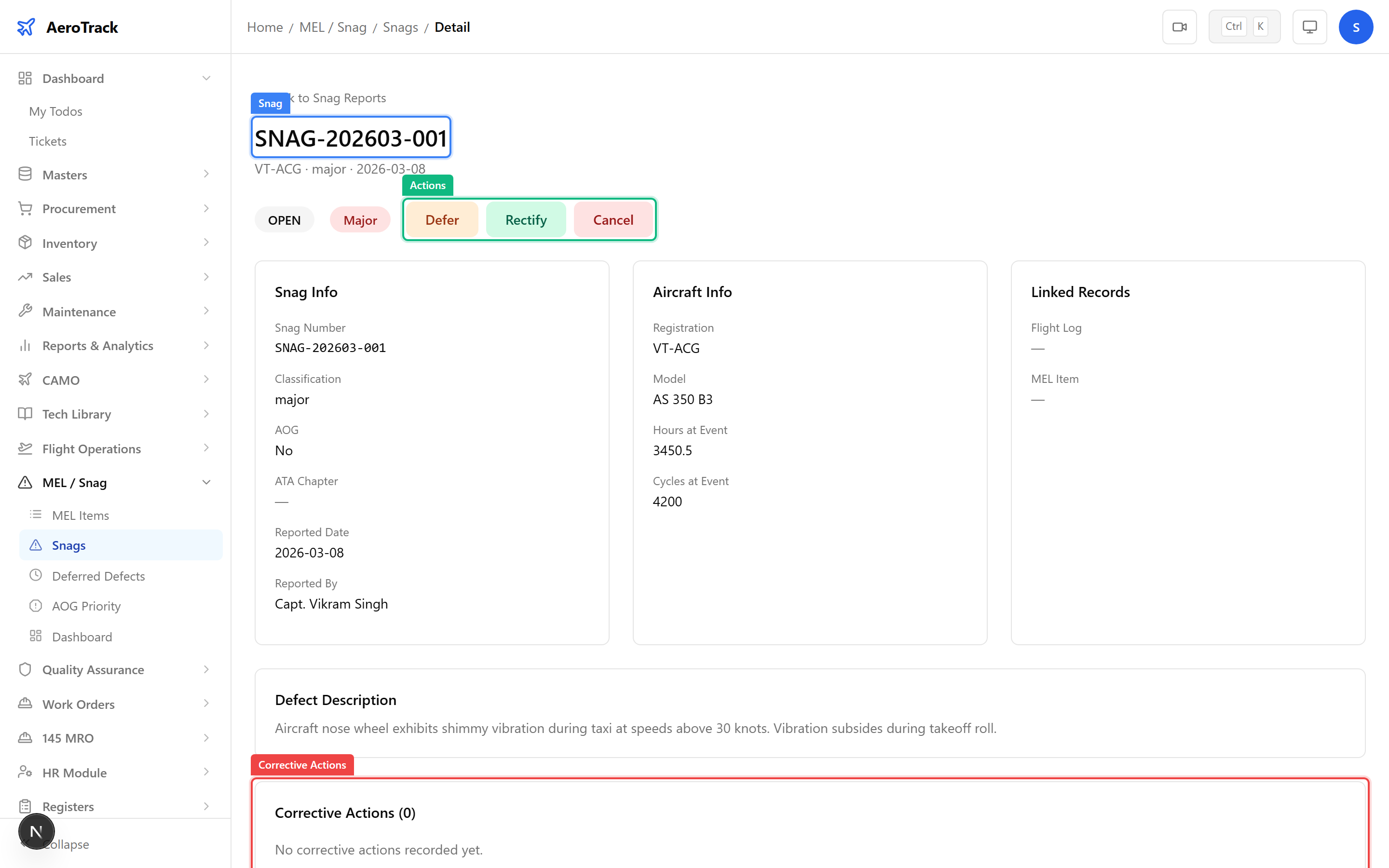 Snag detail with AOG badge, corrective actions section, and workflow buttons