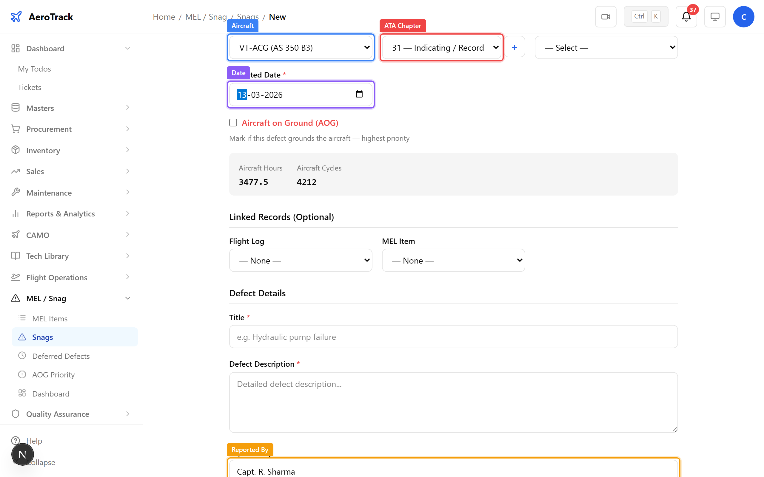 Snag report form with all fields filled