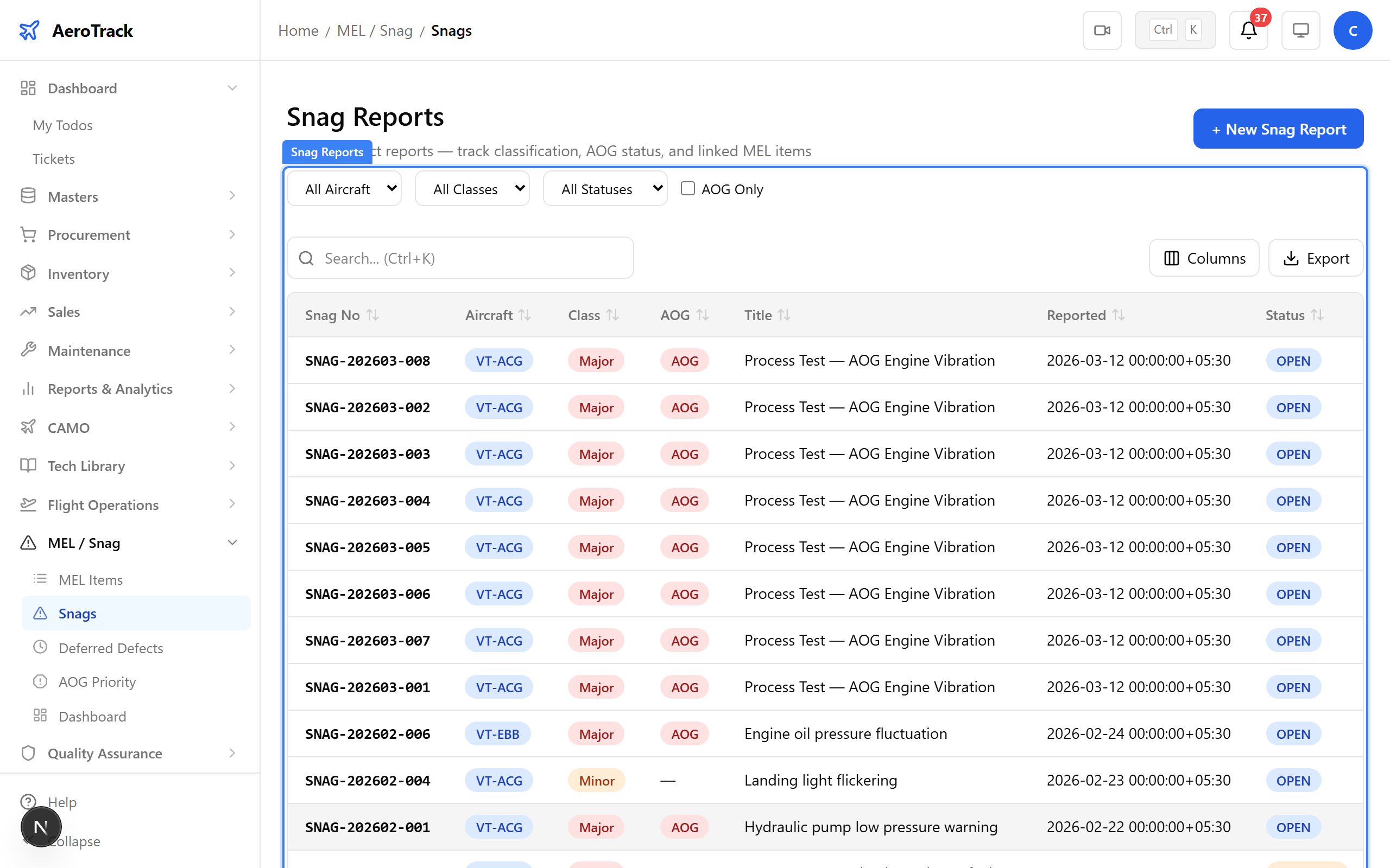 Snag detail page showing OPEN status