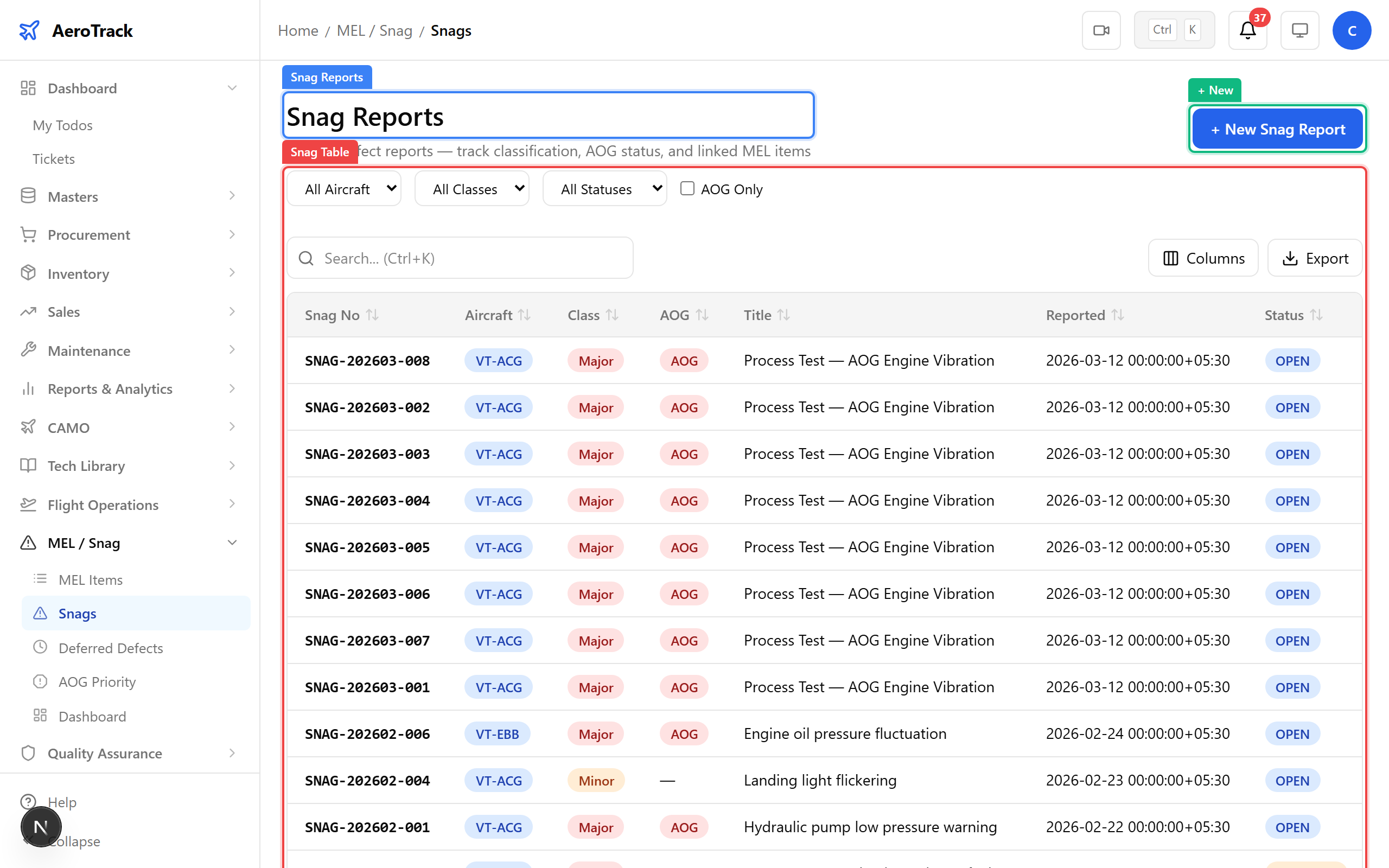 Snag reports list with status and priority