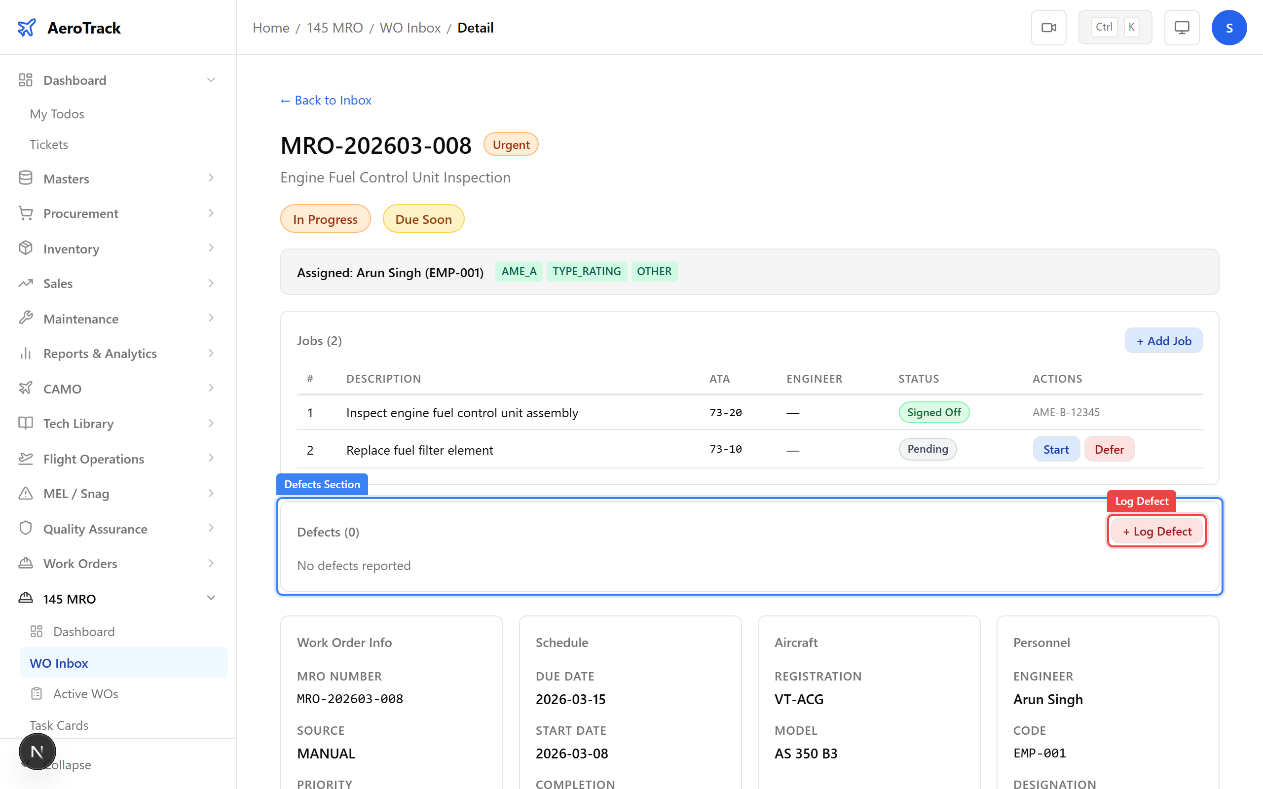 Defects section with Log Defect button and defect list