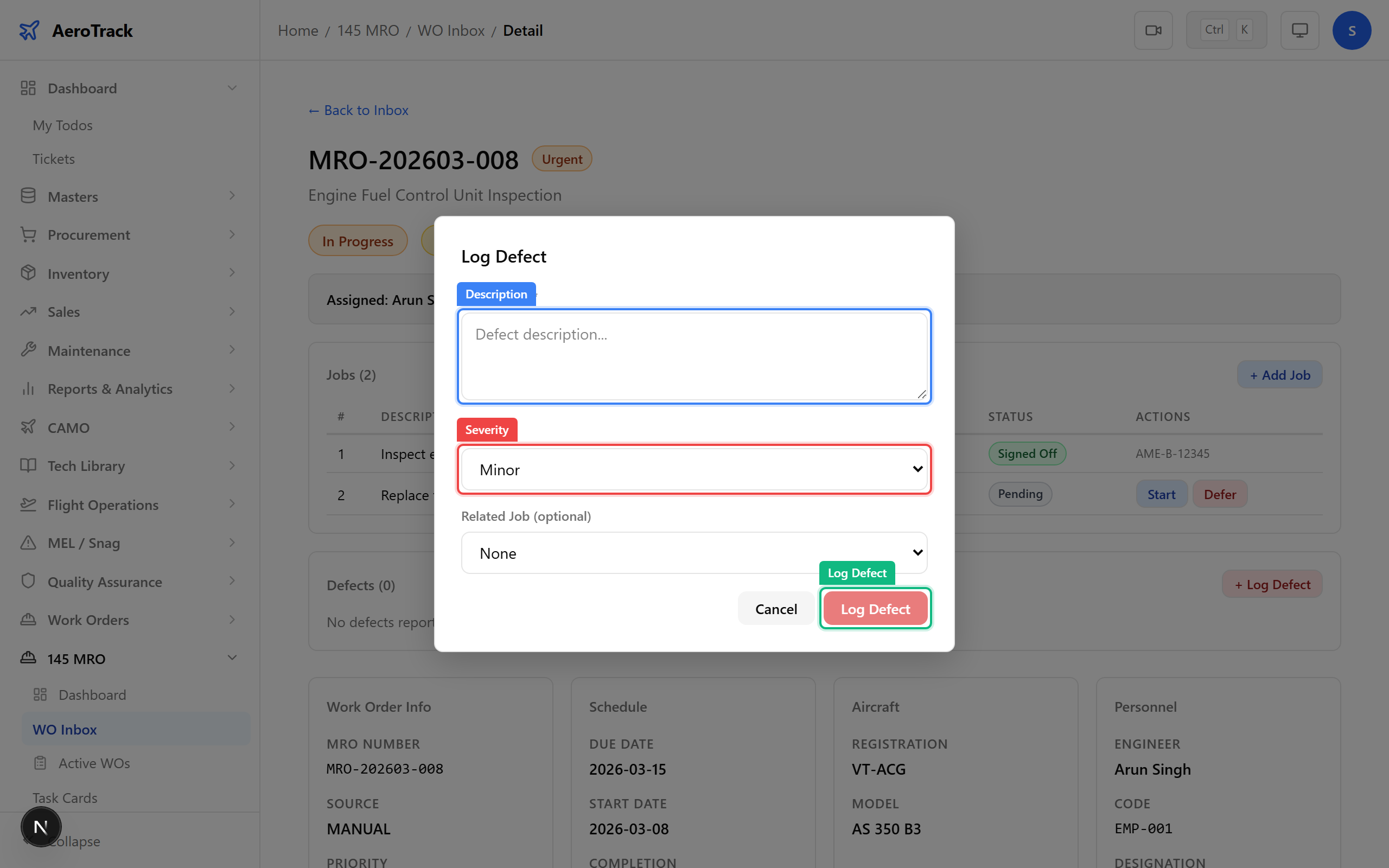 Log Defect dialog with description, severity, and related job fields