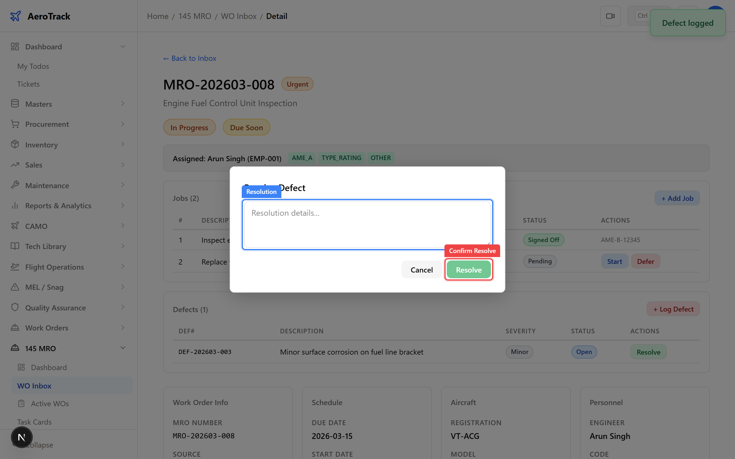 Resolve Defect dialog with resolution textarea and Confirm Resolve button