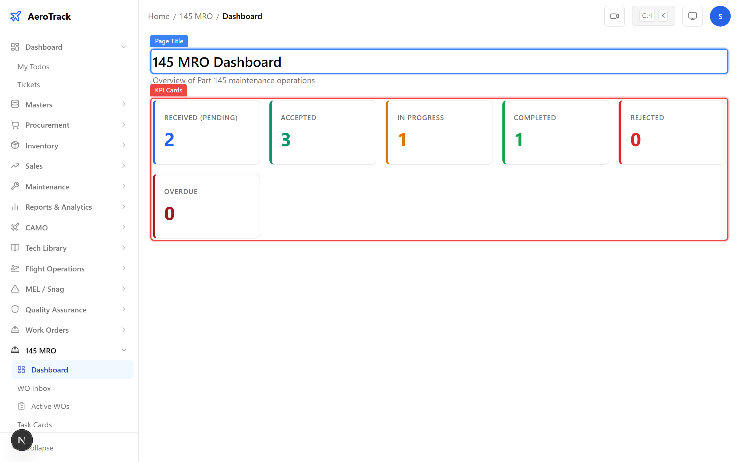 MRO 145 dashboard with KPI cards showing work order counts