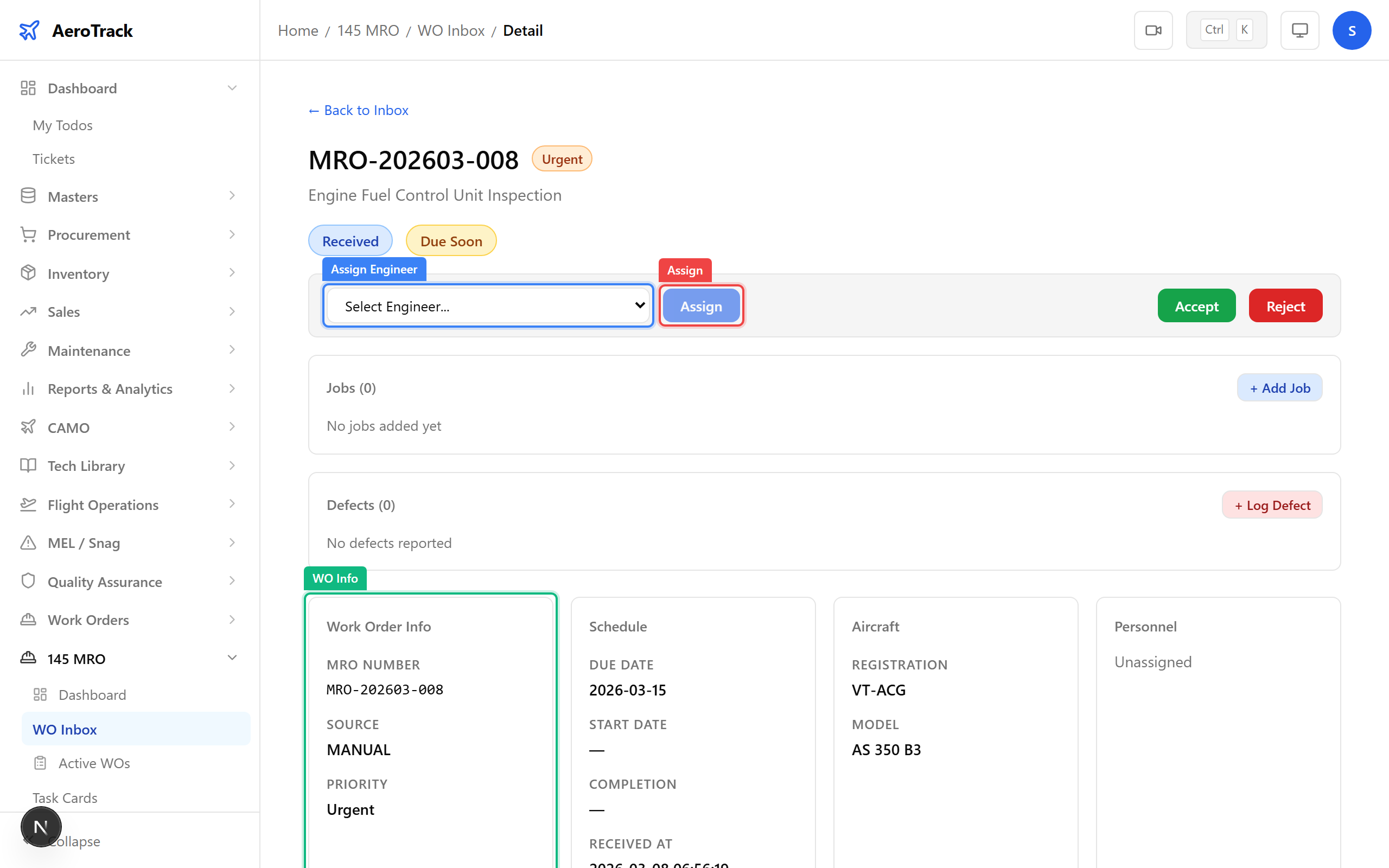 Engineer assignment dropdown showing available engineers with licence types