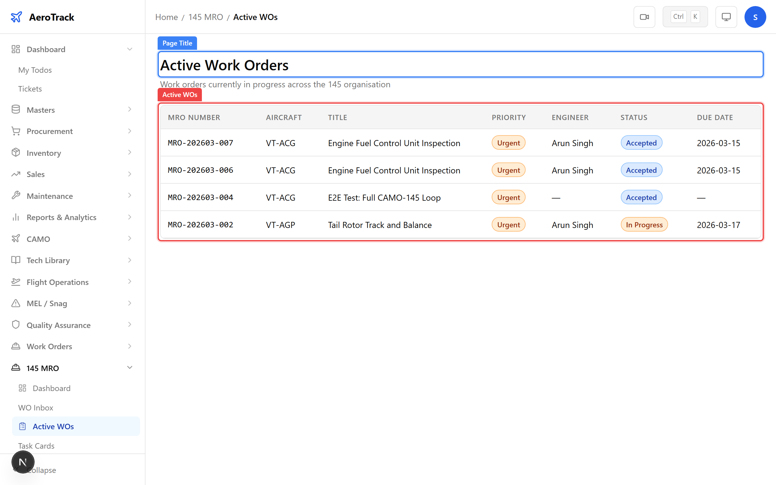 Active work orders table with status badges and due dates