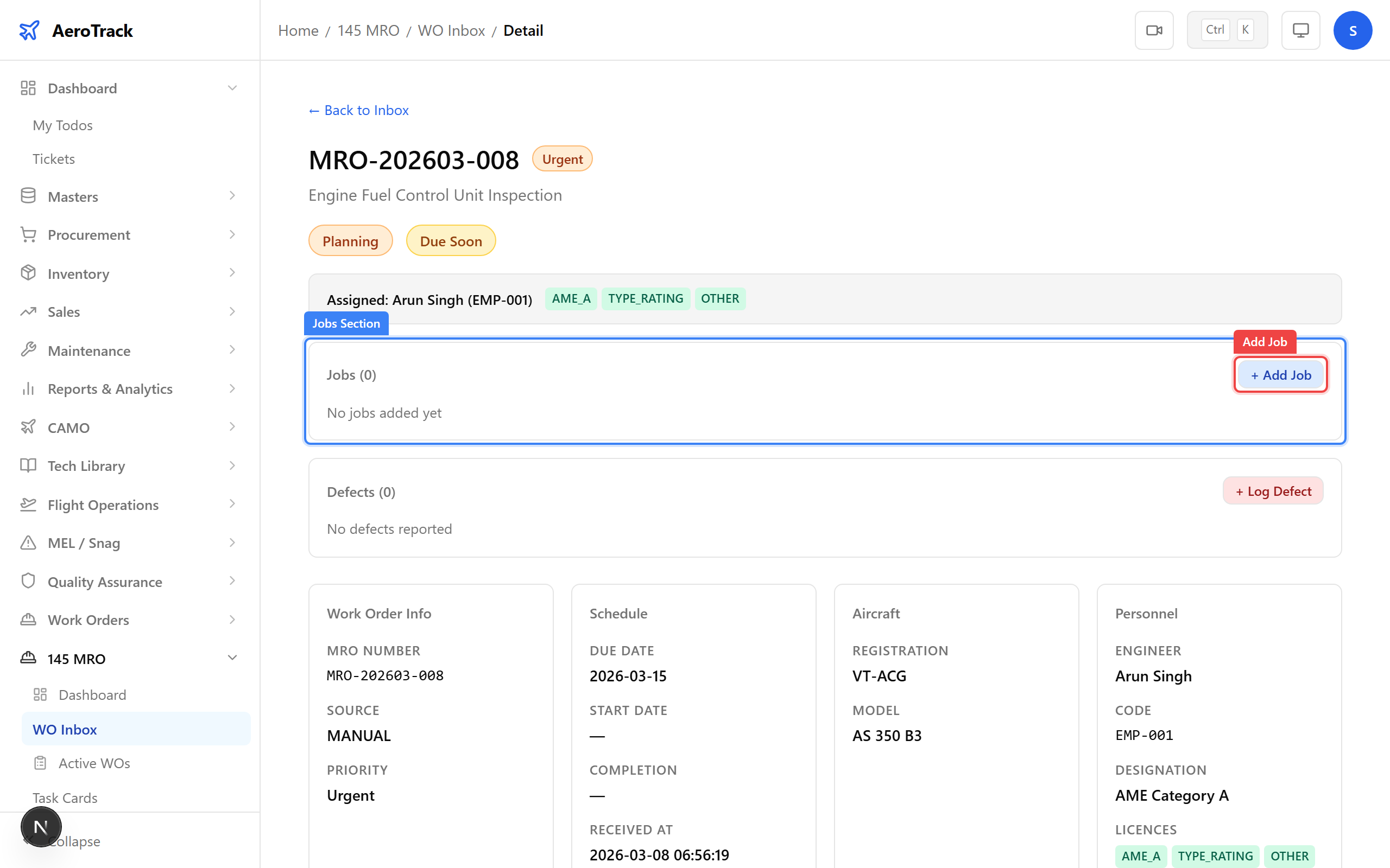 Jobs section with Add Job button and empty state