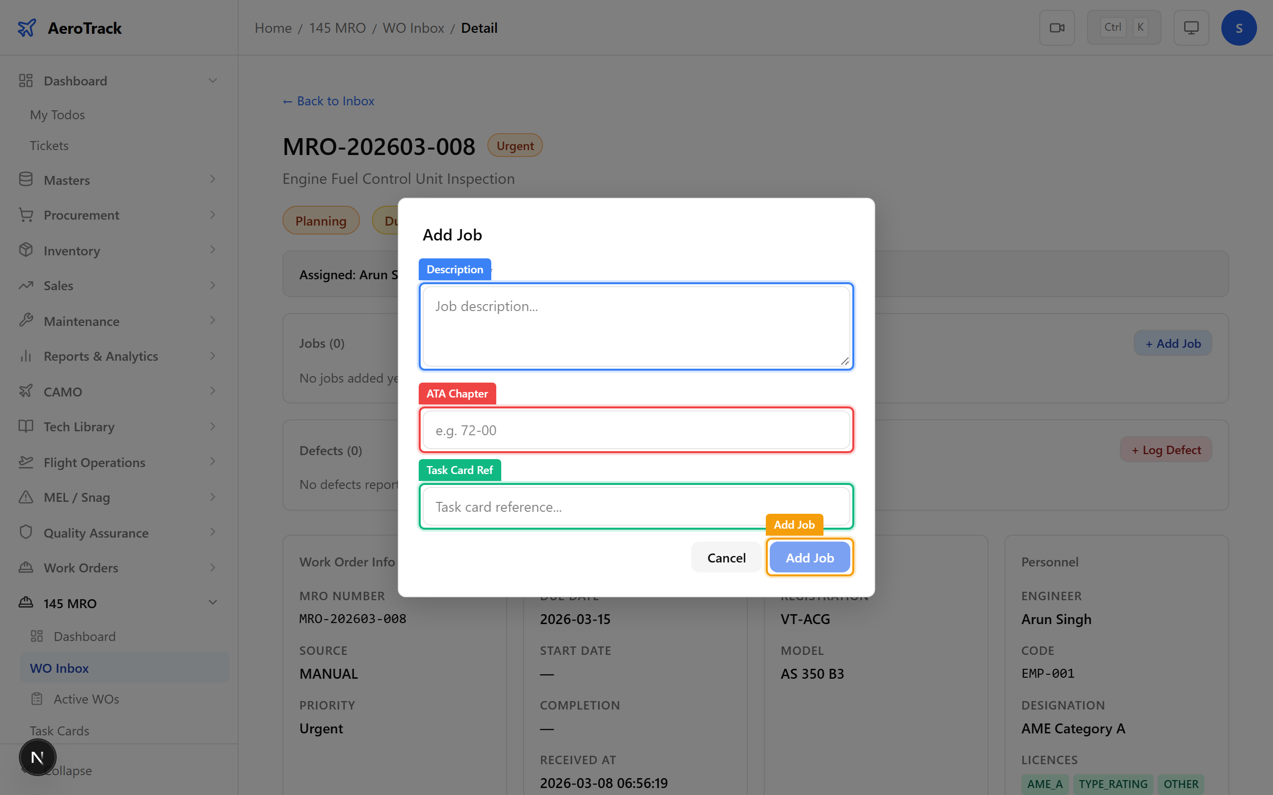 Add Job dialog with description, ATA chapter, and task card reference fields