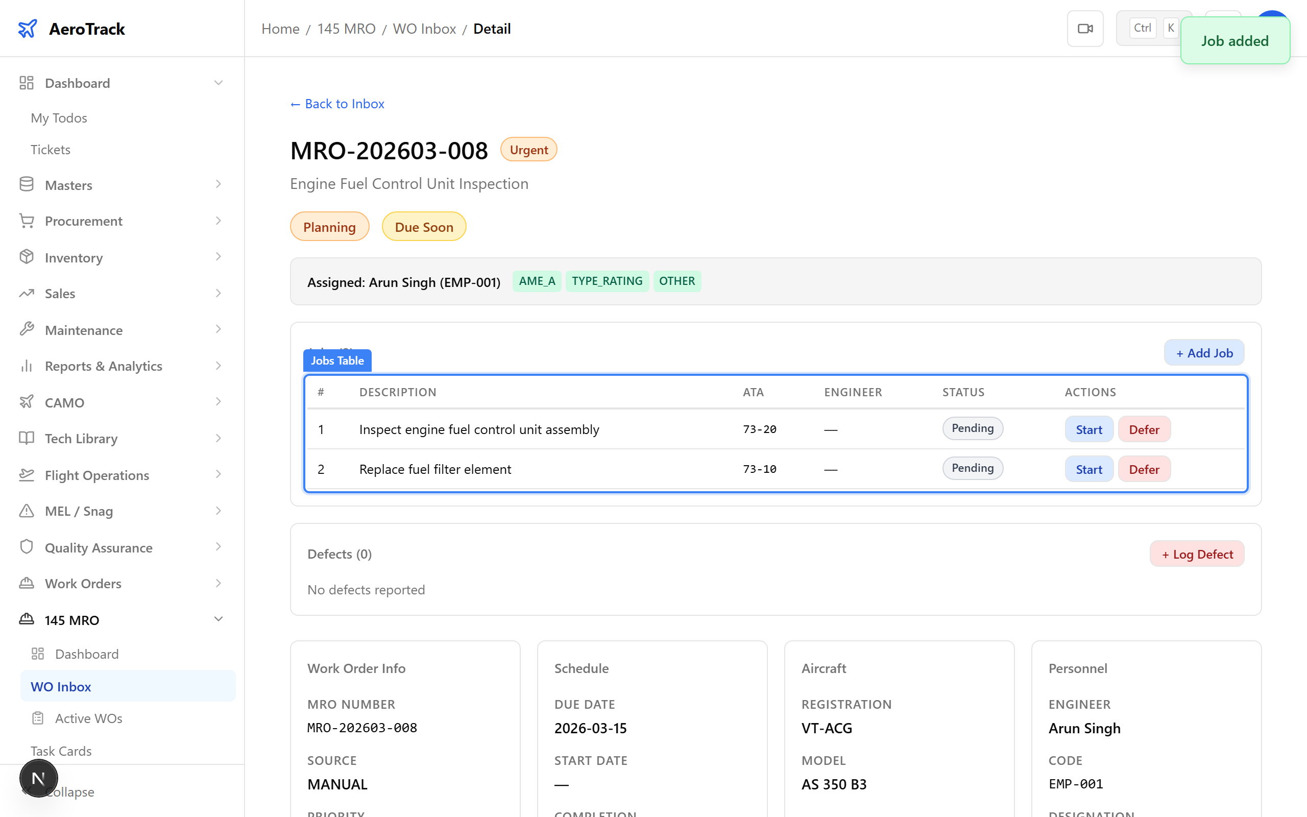 Job row with Start, Complete, and Defer action buttons
