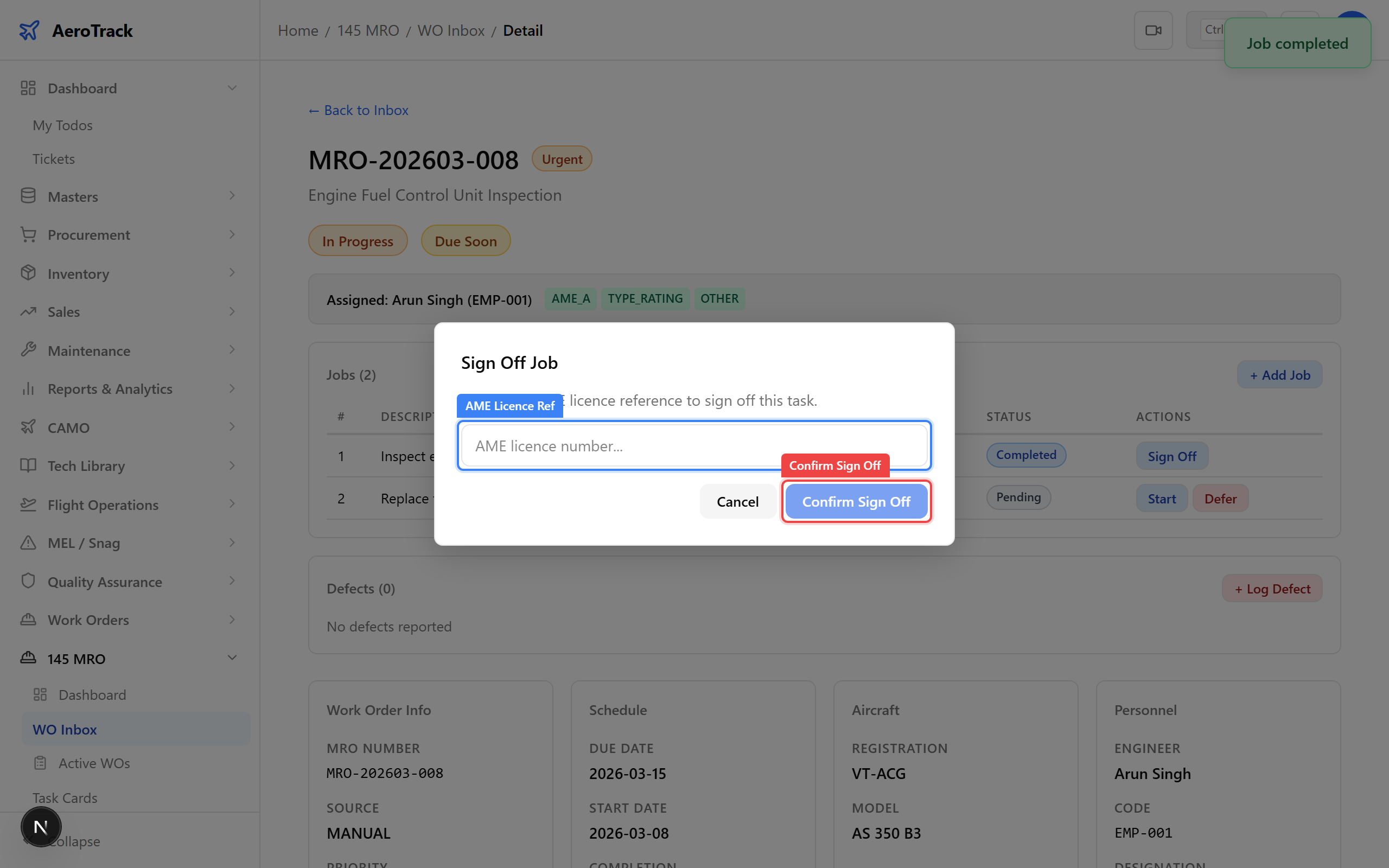 Sign-off dialog with AME licence reference input and Confirm Sign Off button