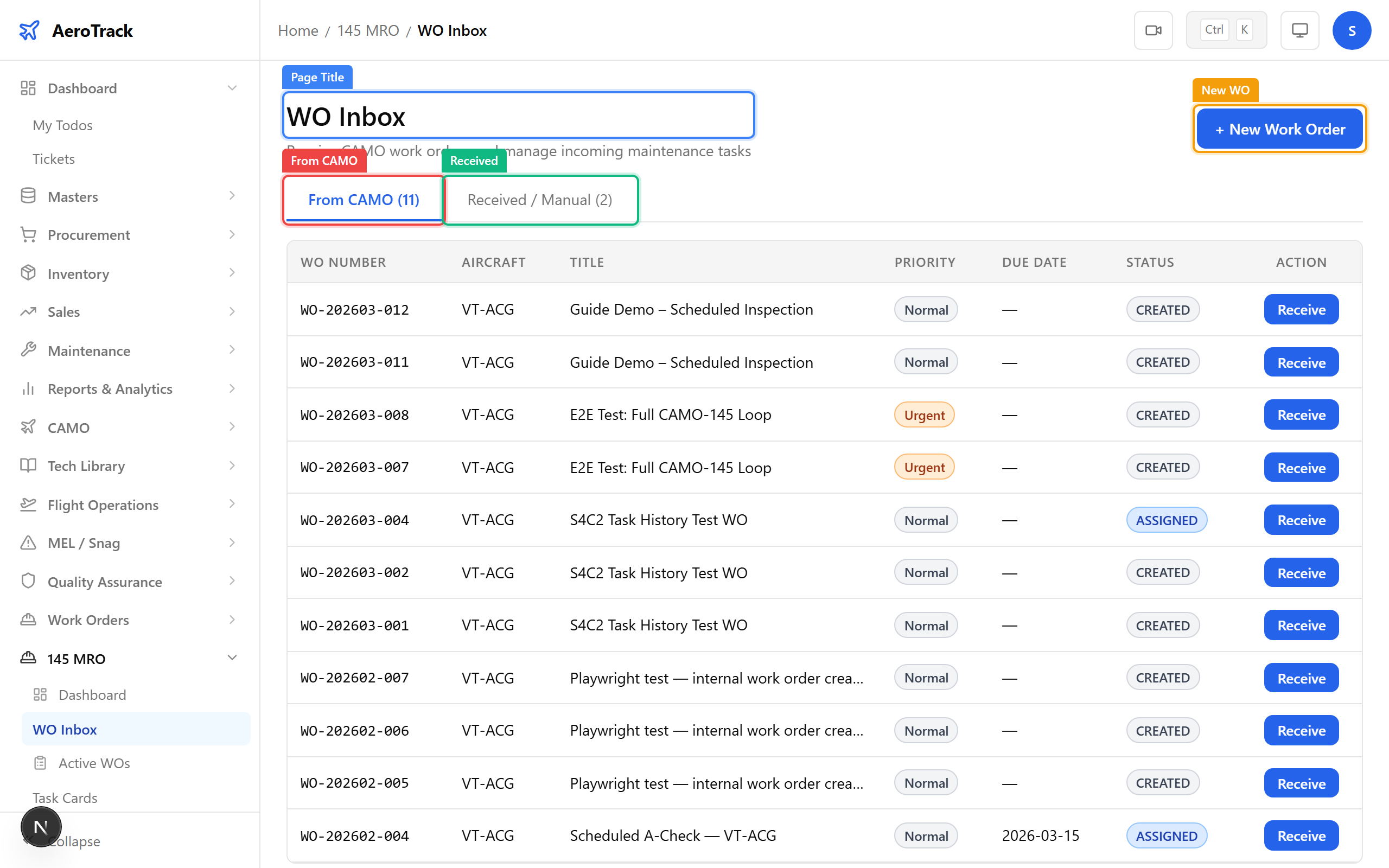 WO Inbox page with From CAMO and Received tabs