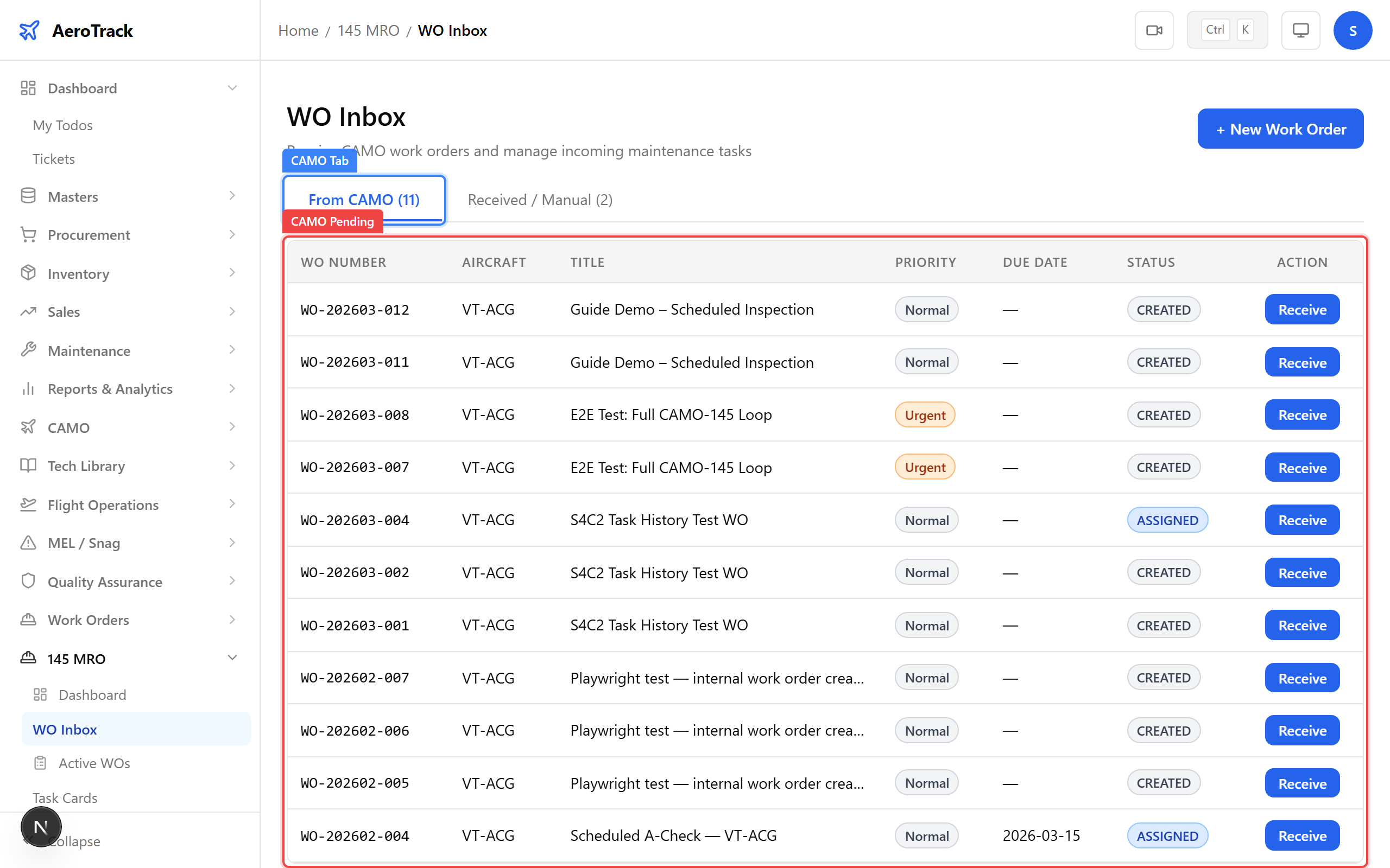 CAMO pending tab with Receive buttons on each row