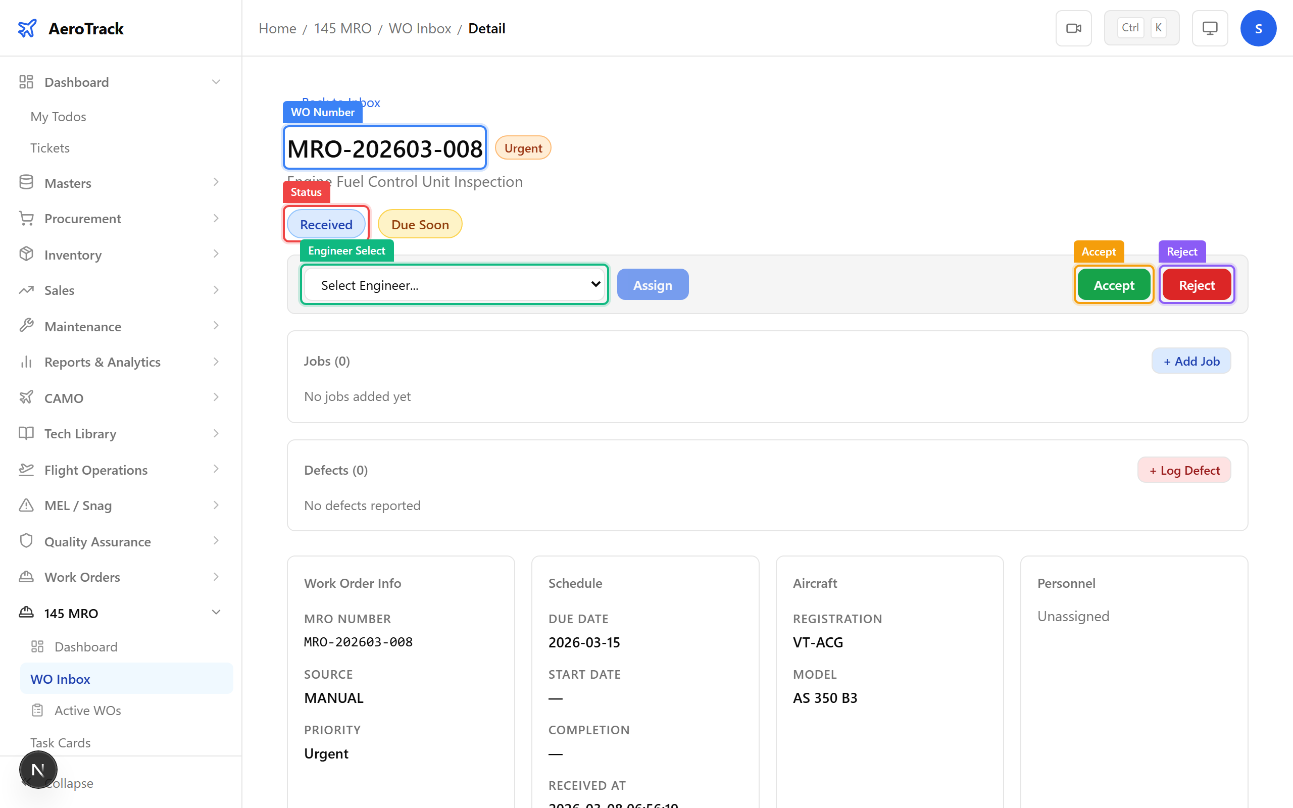 Work order detail page in RECEIVED status with engineer select and action buttons