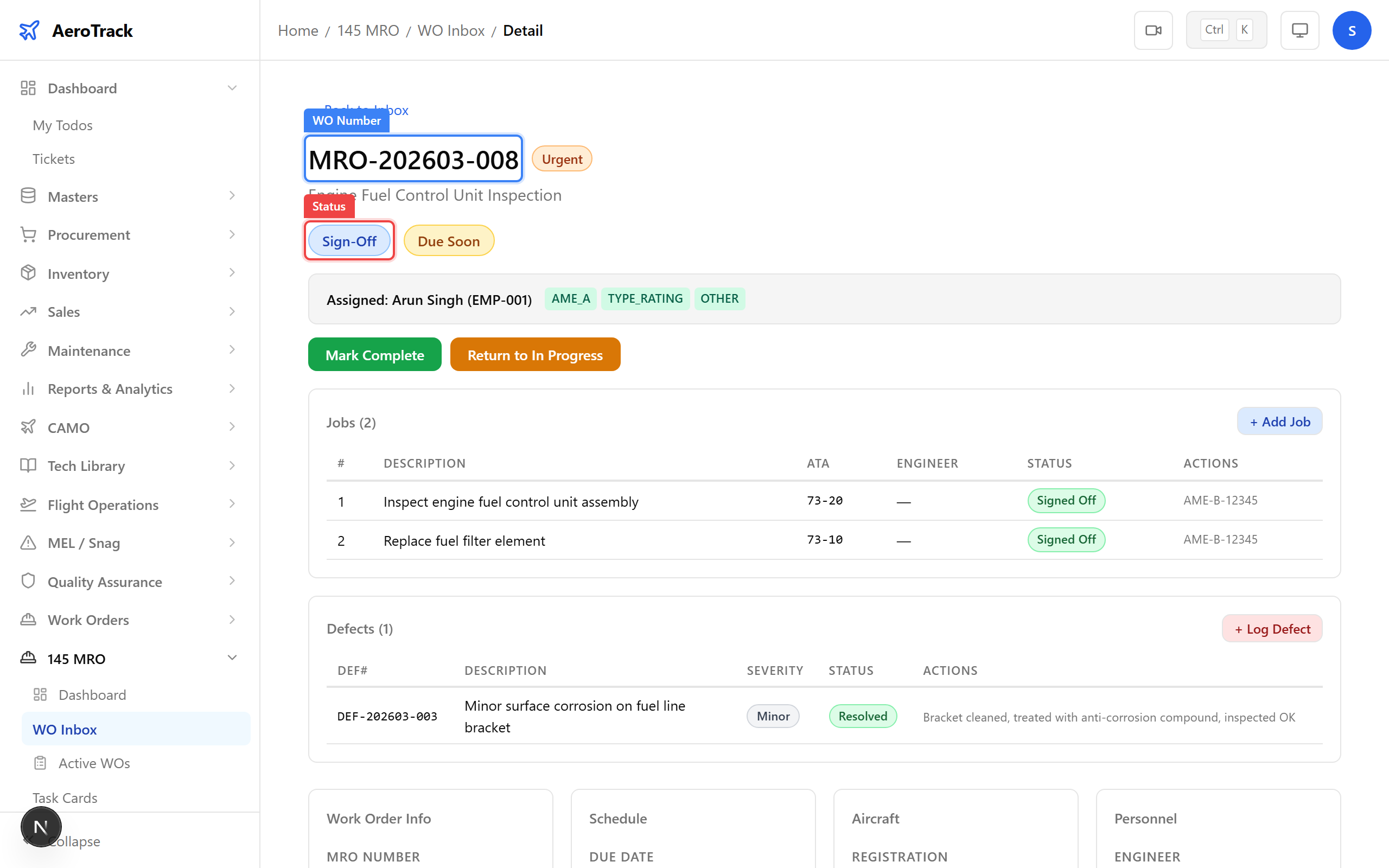 Work order in SIGN OFF status with all jobs signed off