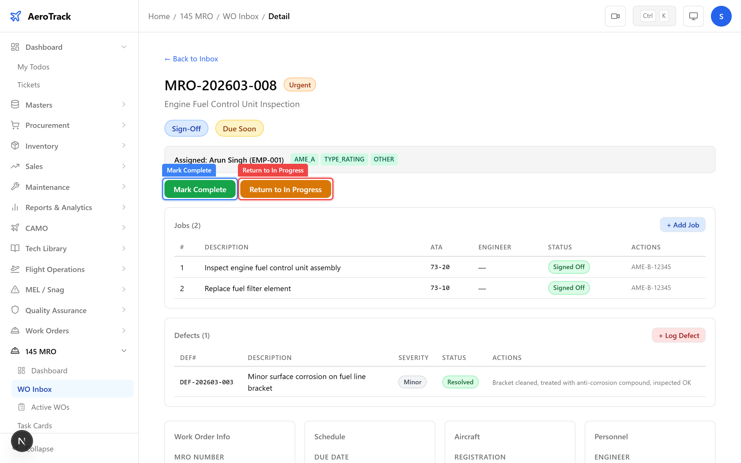 Mark Complete and Return to In Progress buttons on SIGN OFF work order