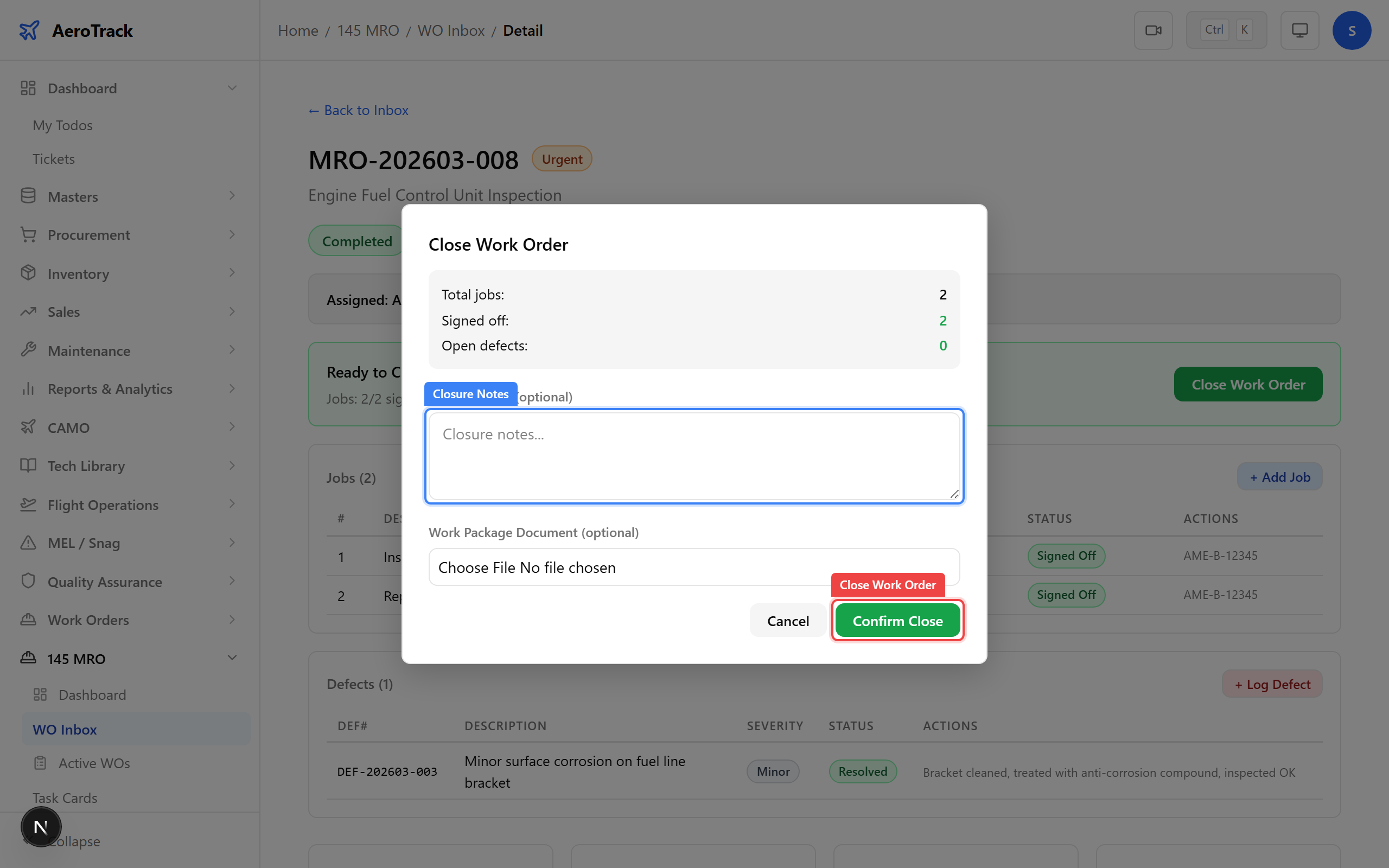 Close Work Order dialog with closure notes textarea and file upload