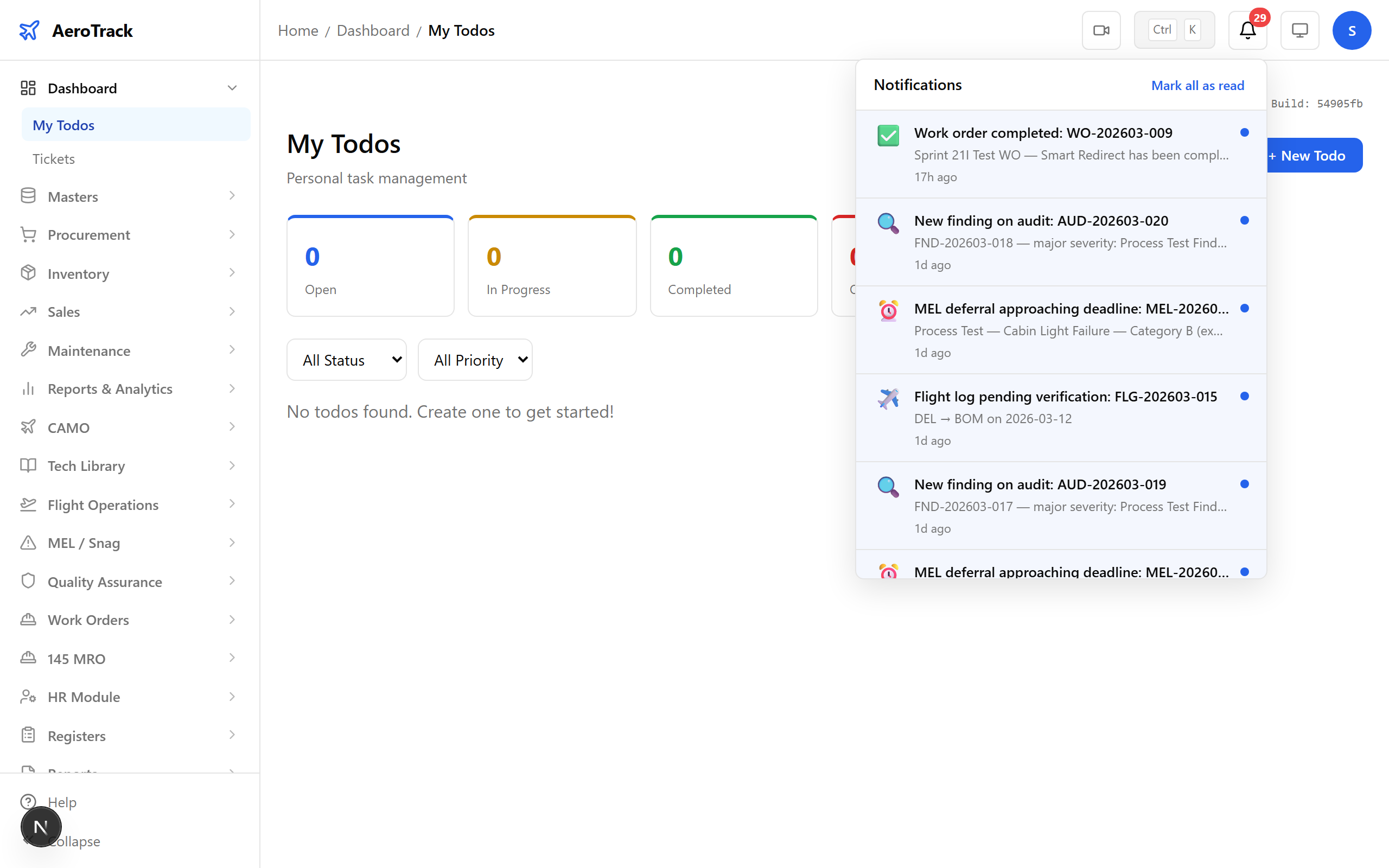 Notification dropdown panel showing recent alerts