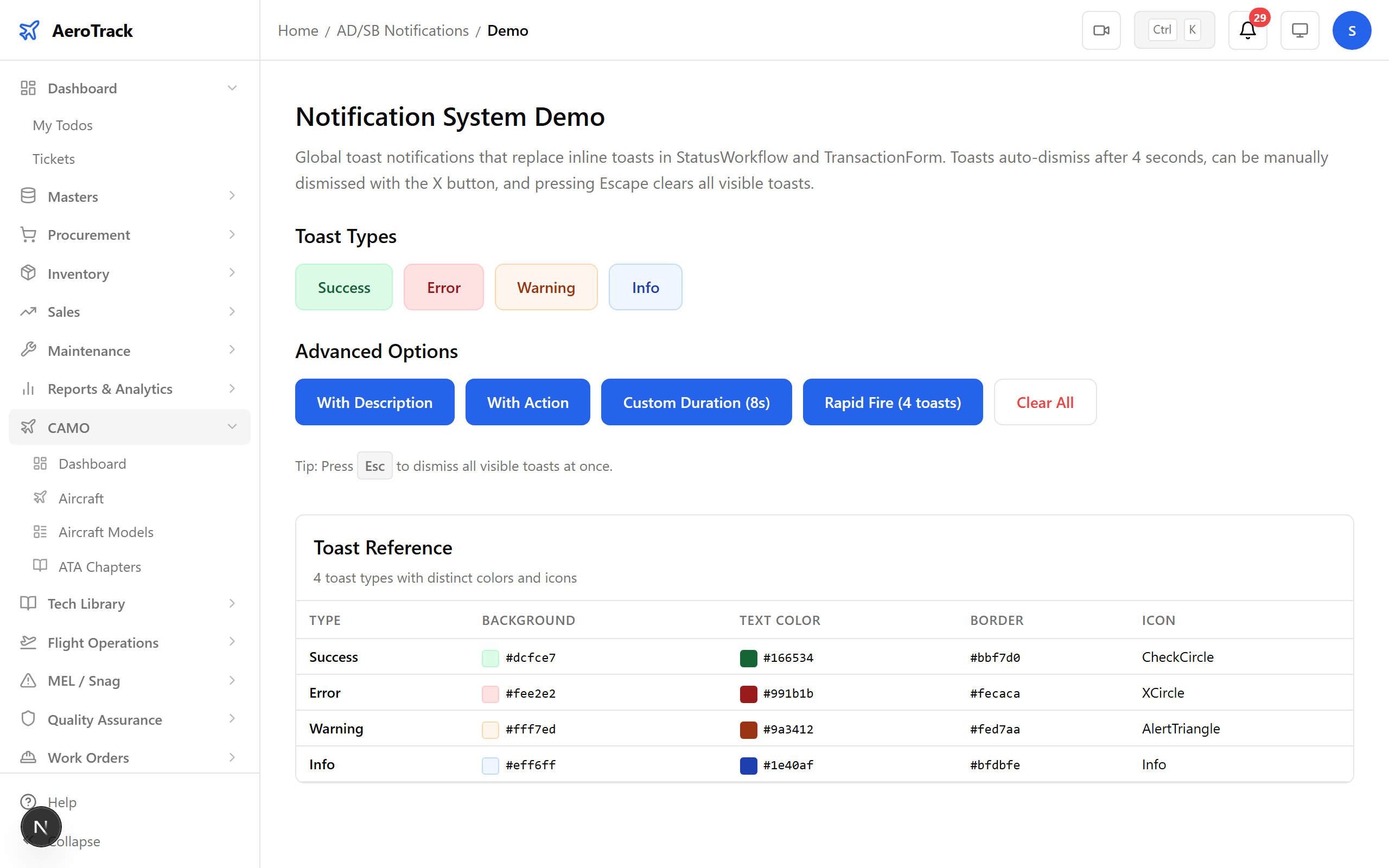 Full notification list with filtering and read/unread status