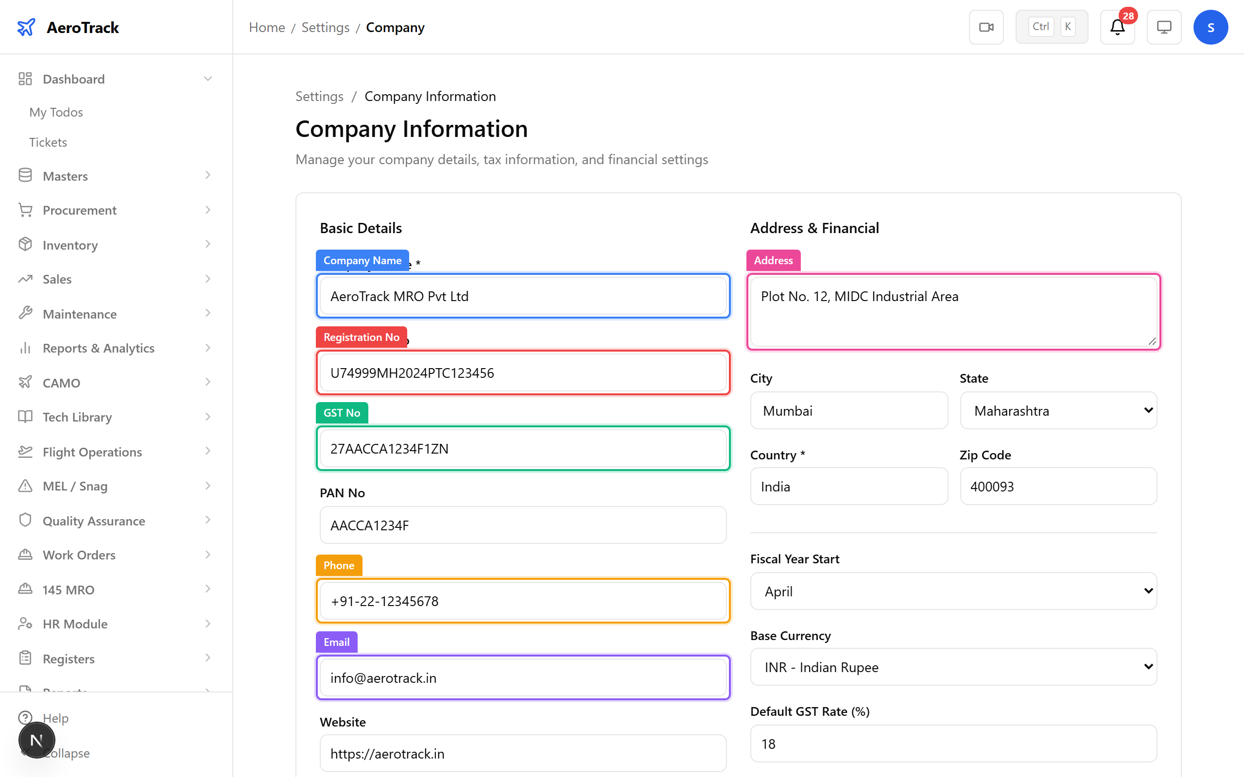 Company settings form — identity and contact fields