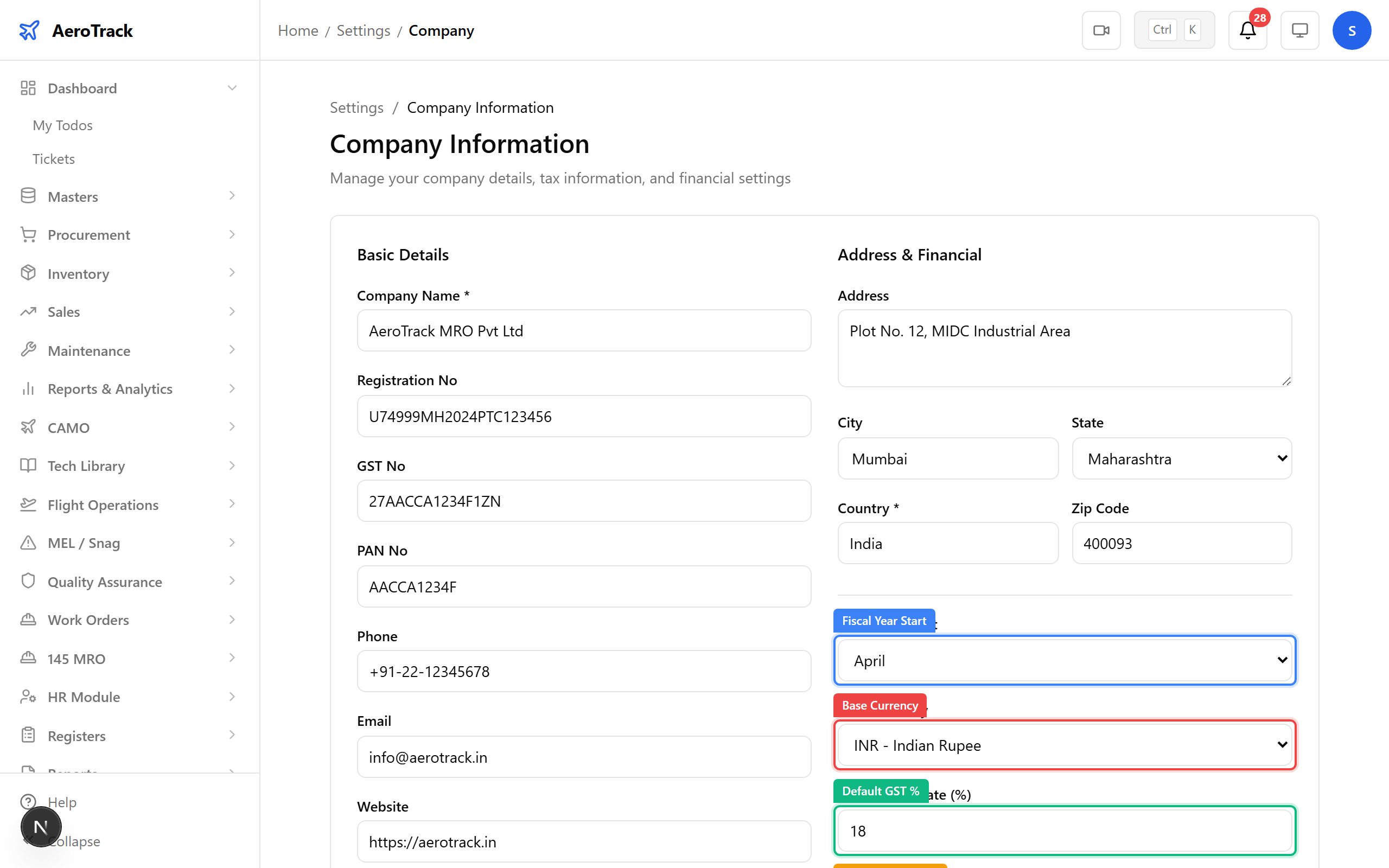 Company settings — fiscal year, currency, GST rate, valuation method