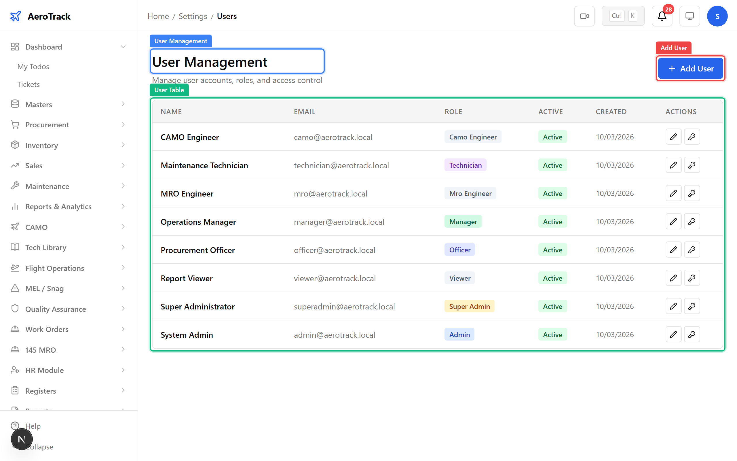 User management page with user table and Add User button