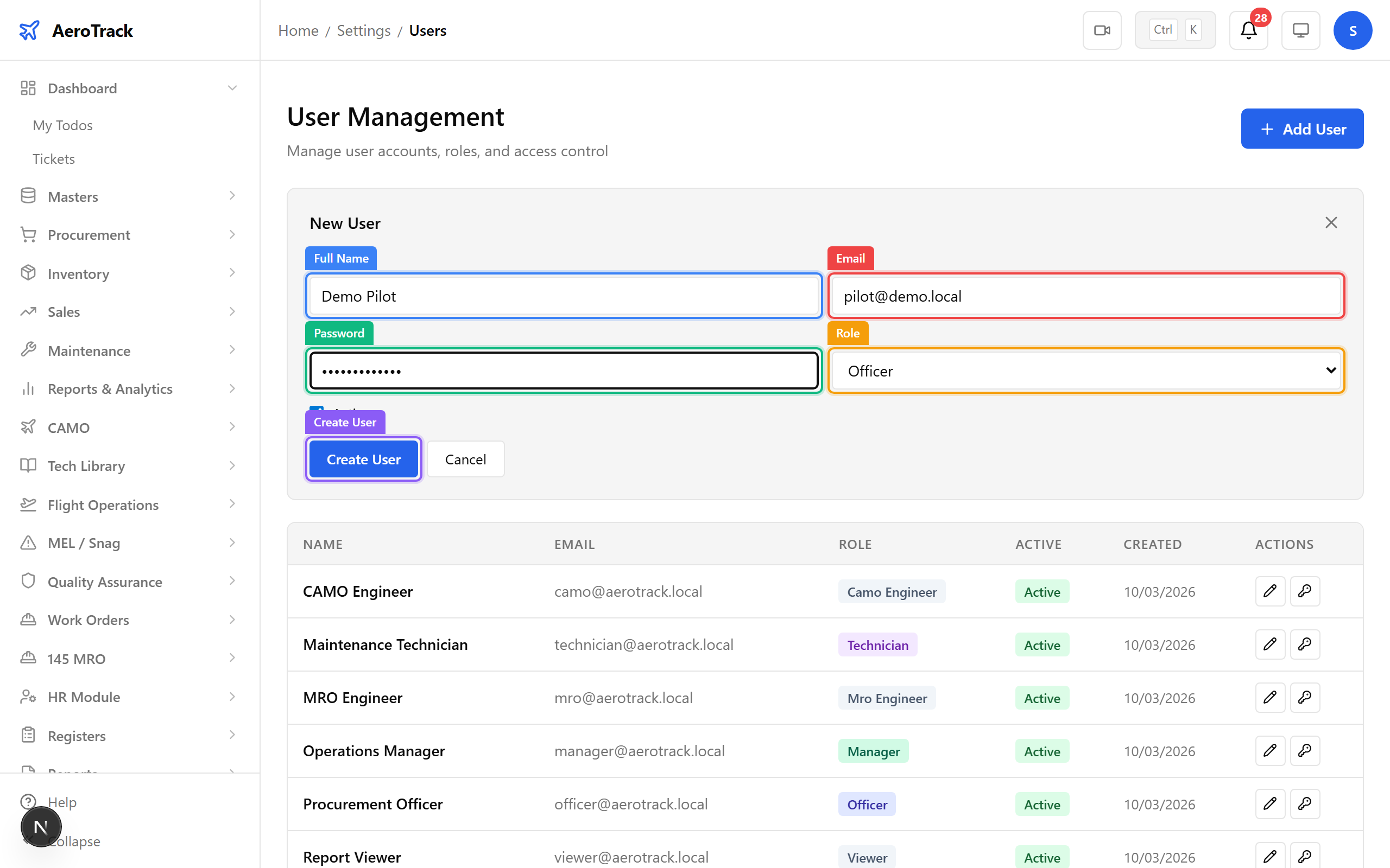 Add user form with name, email, password, role, and submit button