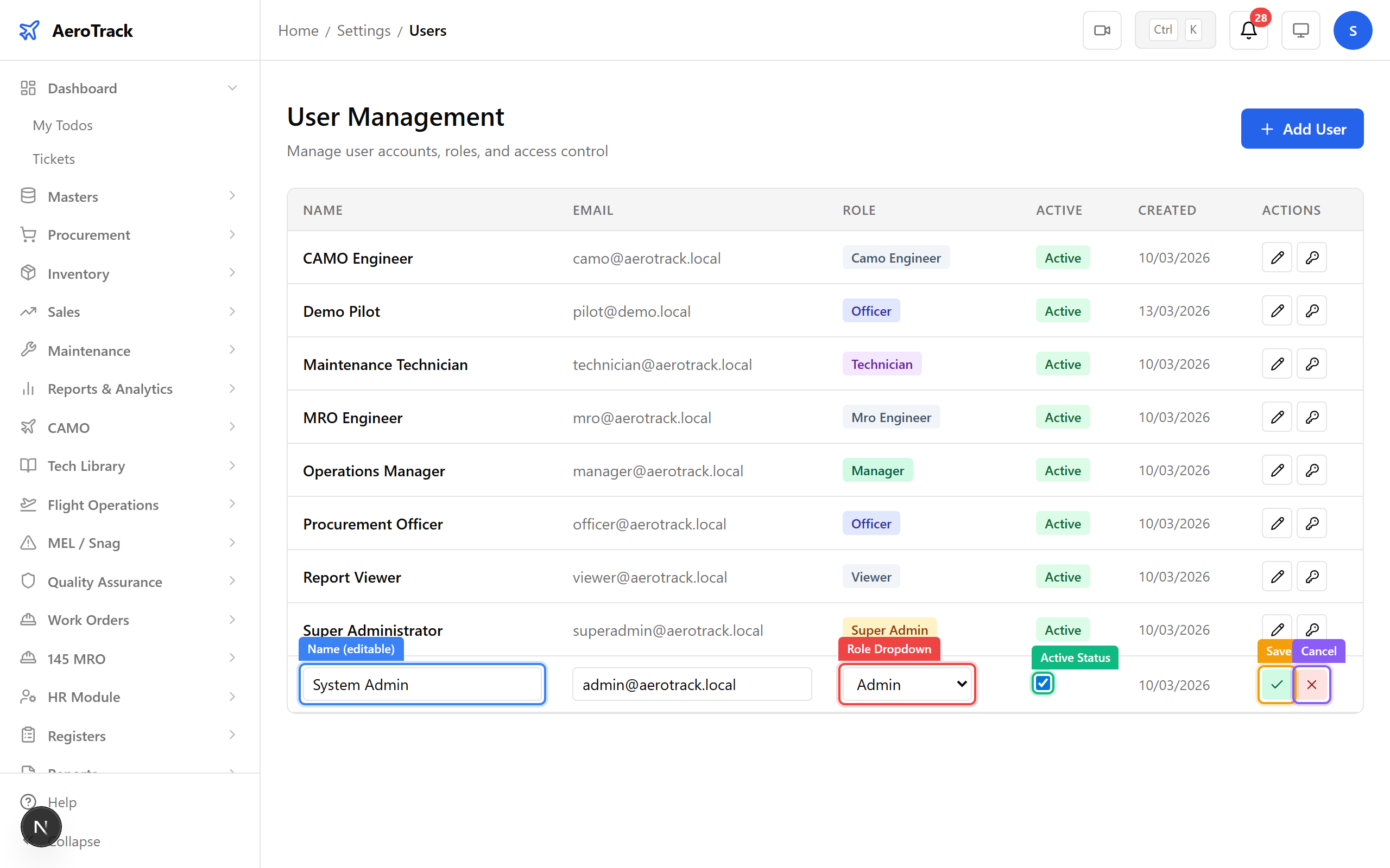 User row in edit mode showing role dropdown and save/cancel buttons