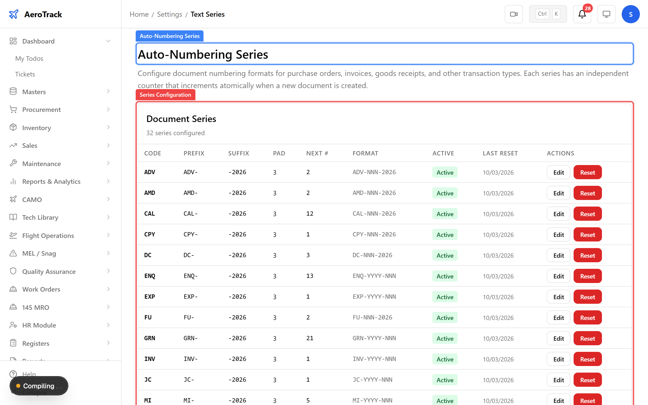 Auto-numbering series table showing all configured series