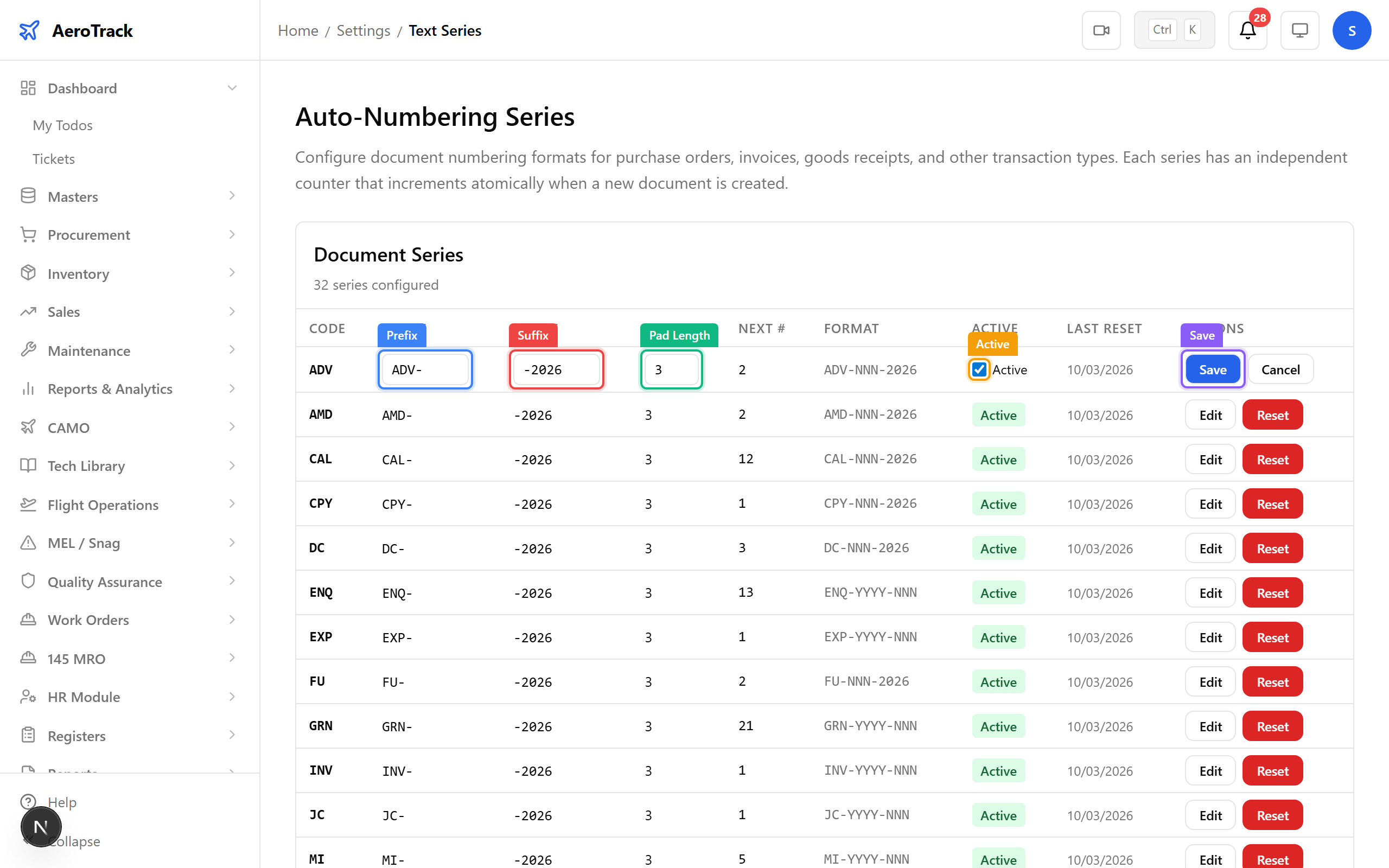 Text series row in edit mode with prefix, suffix, pad, and active fields