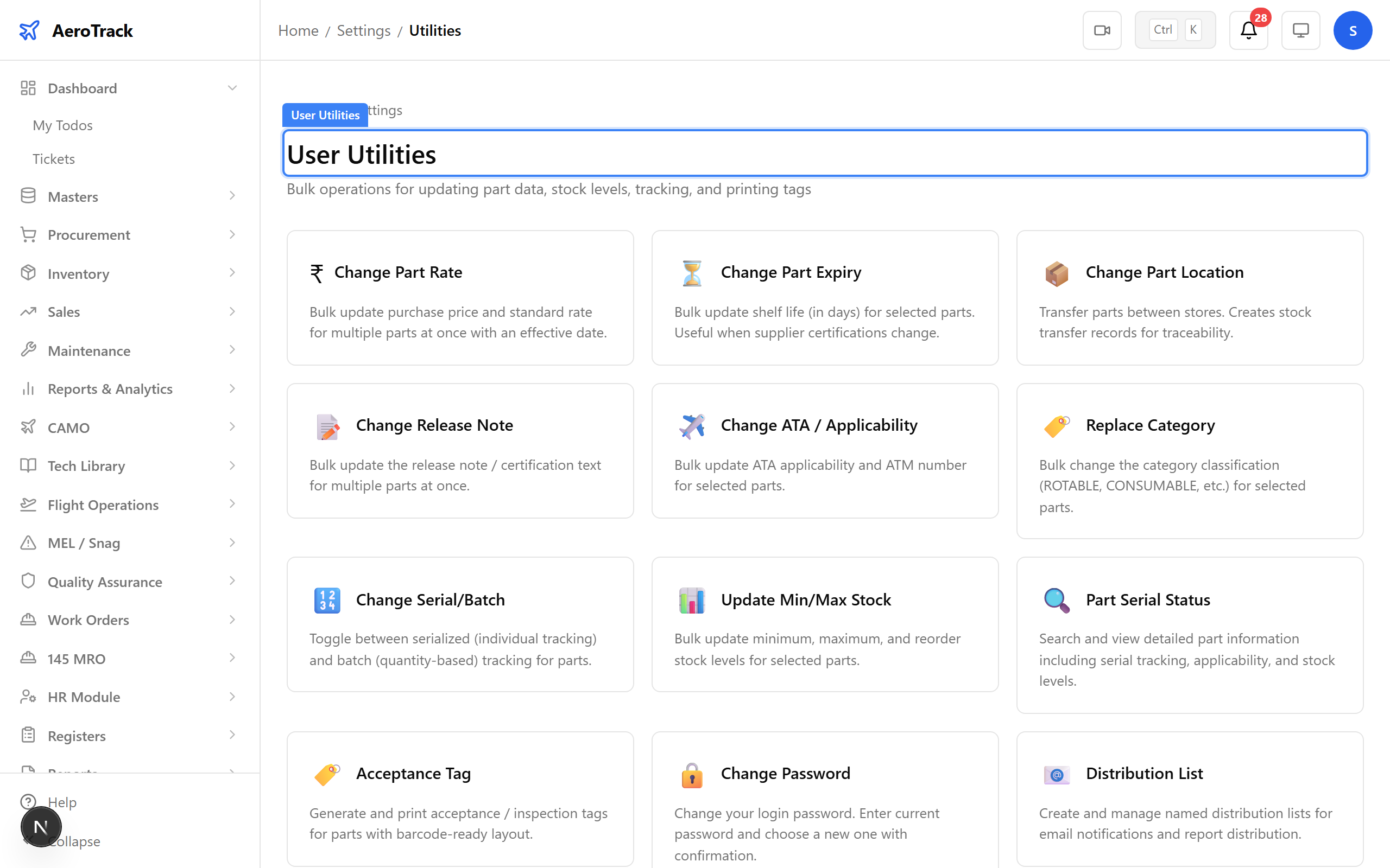 Utilities hub showing all 13 utility cards