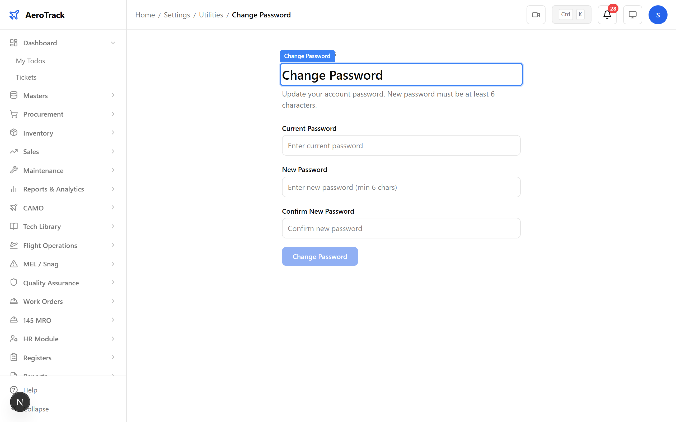 Change password form