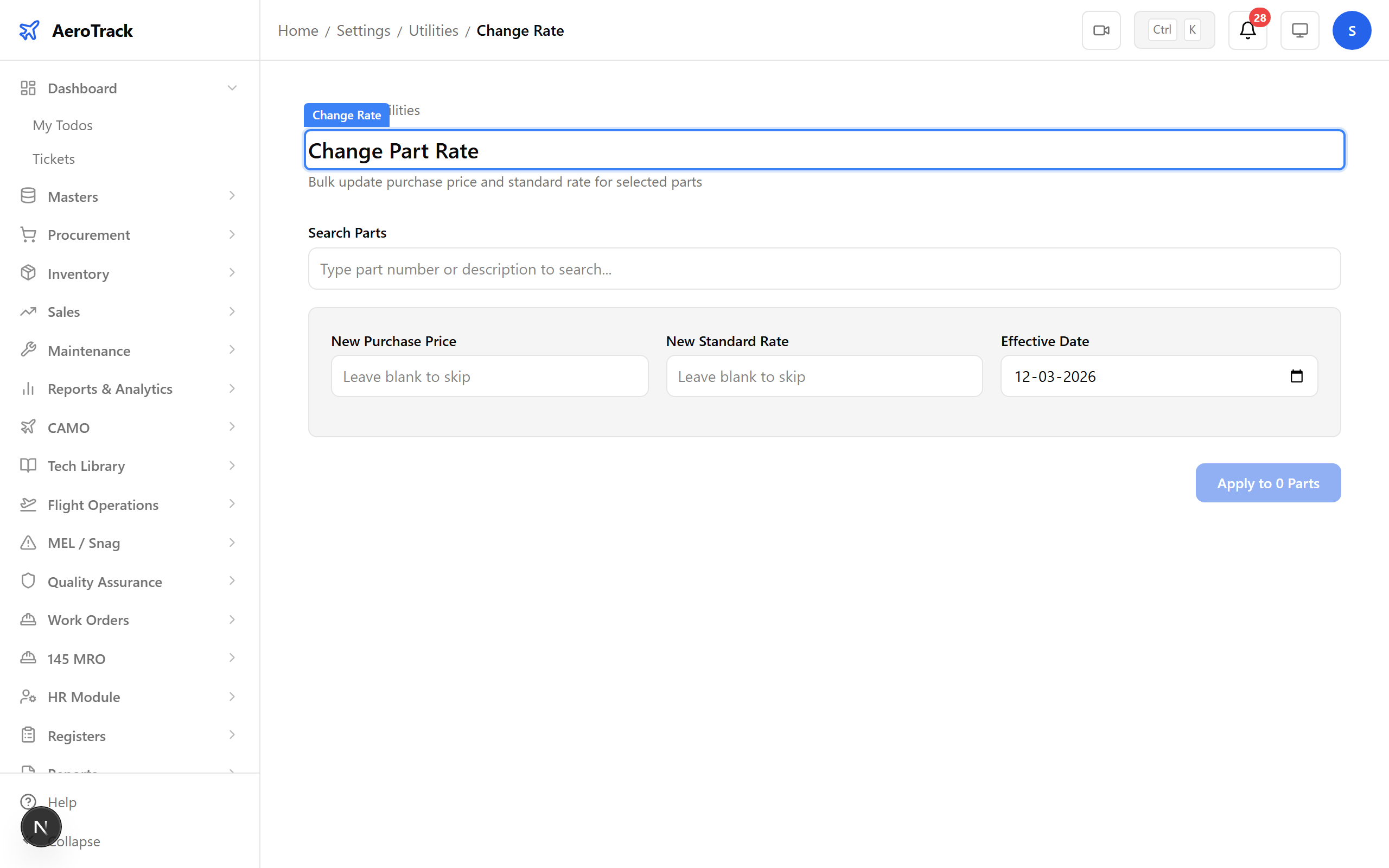 Change Rate utility page