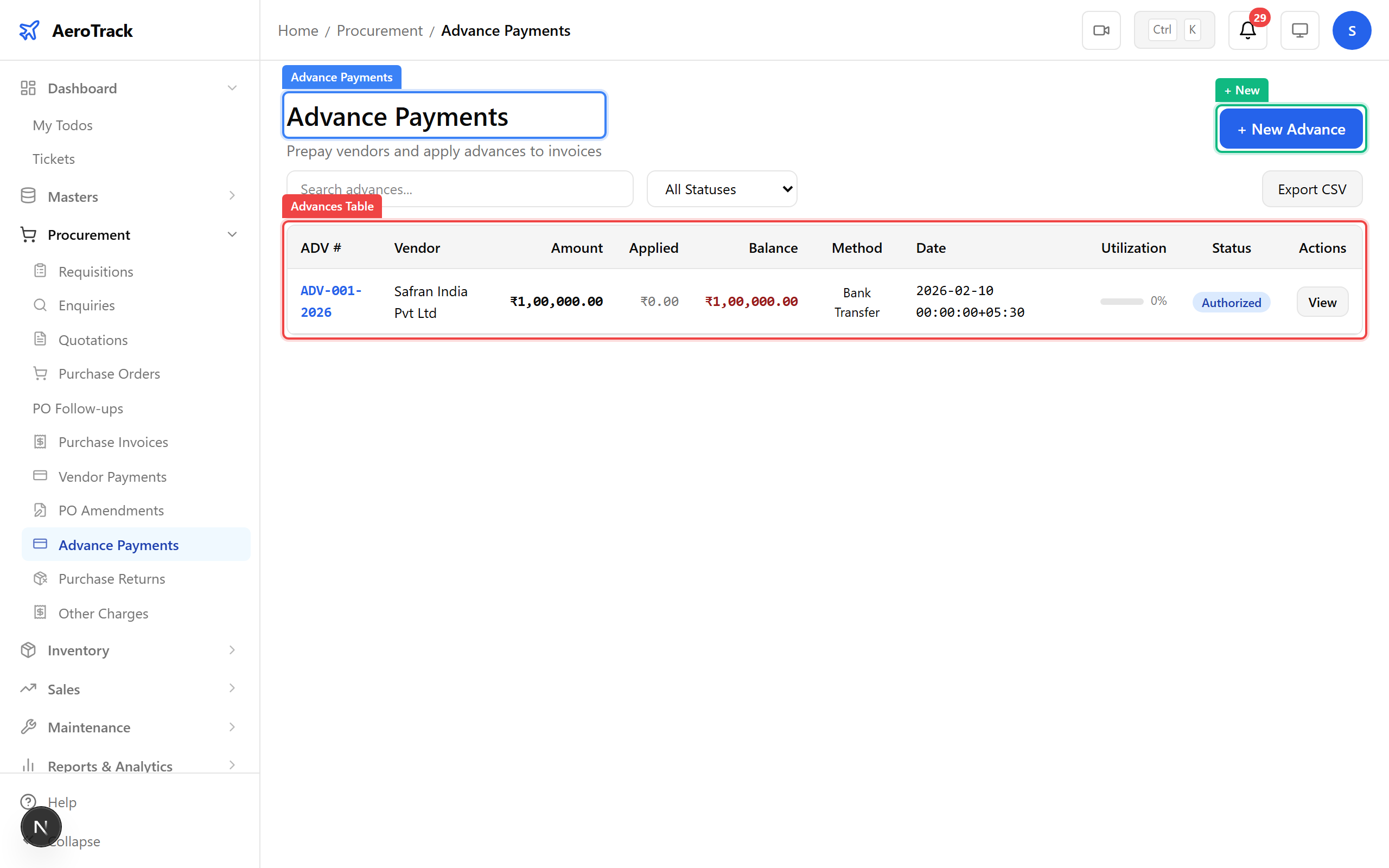Vendor advance payments list