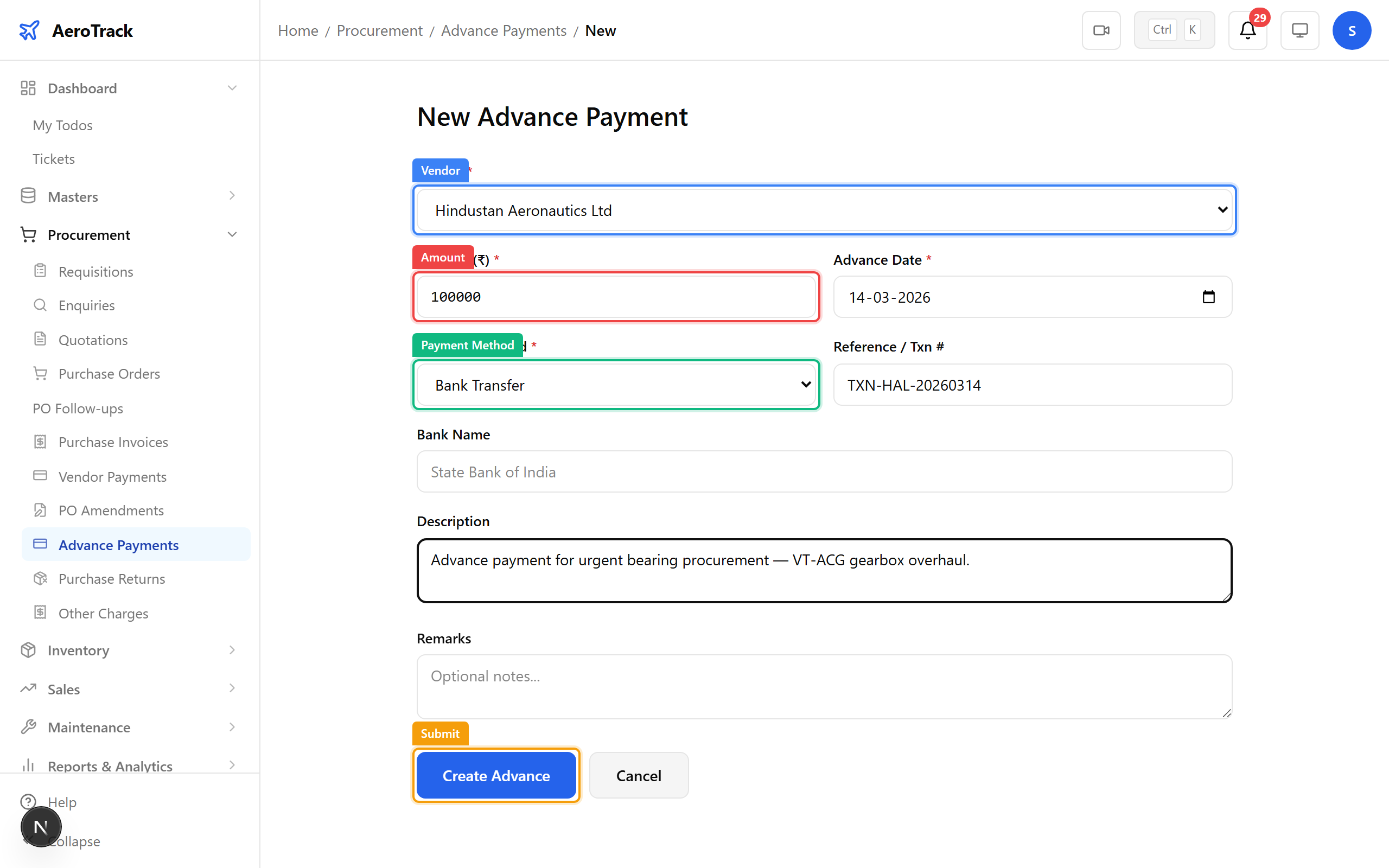 Advance payment form