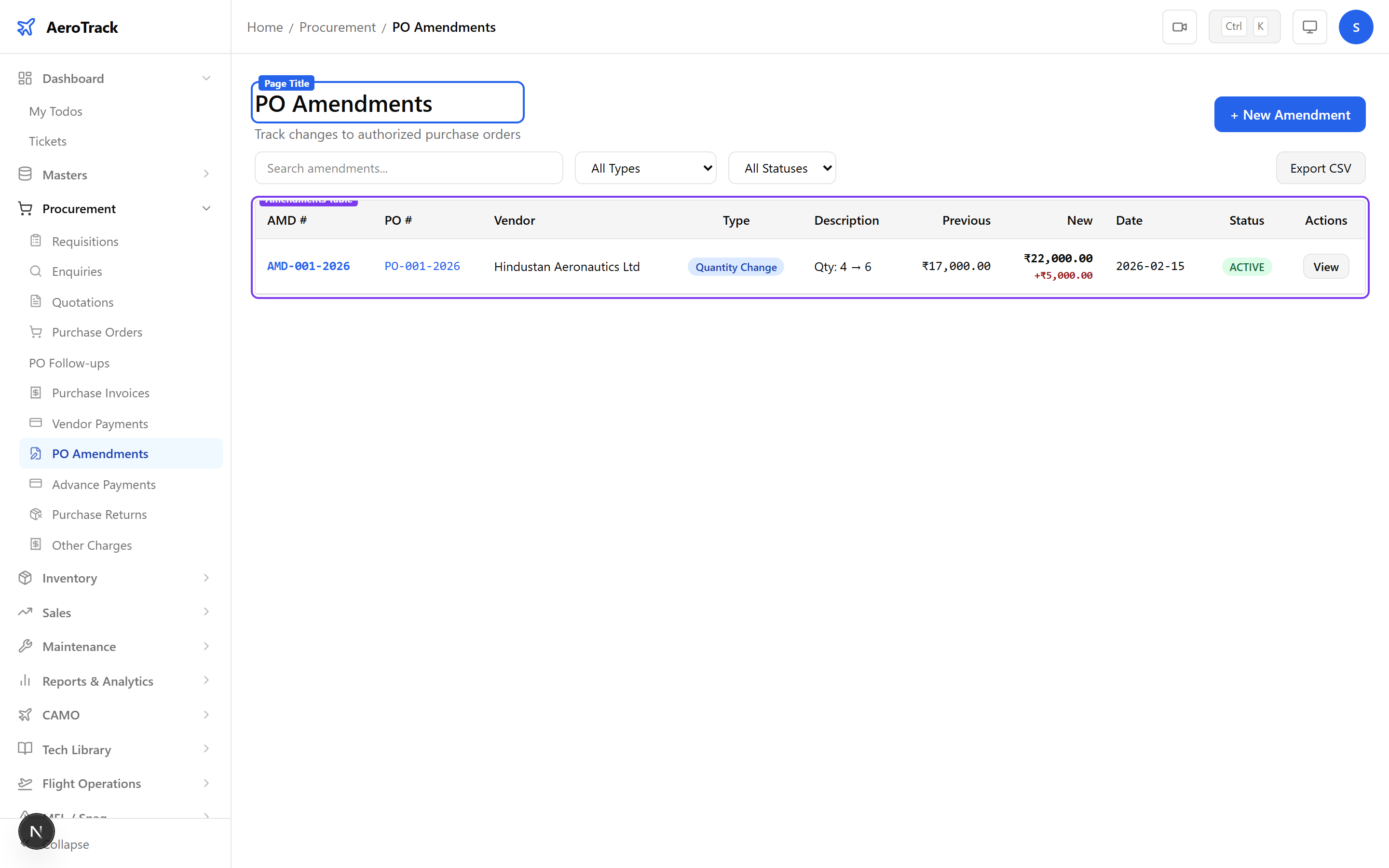 Amendments list showing amendment numbers, PO references, amendment type badges, status, and total difference amounts