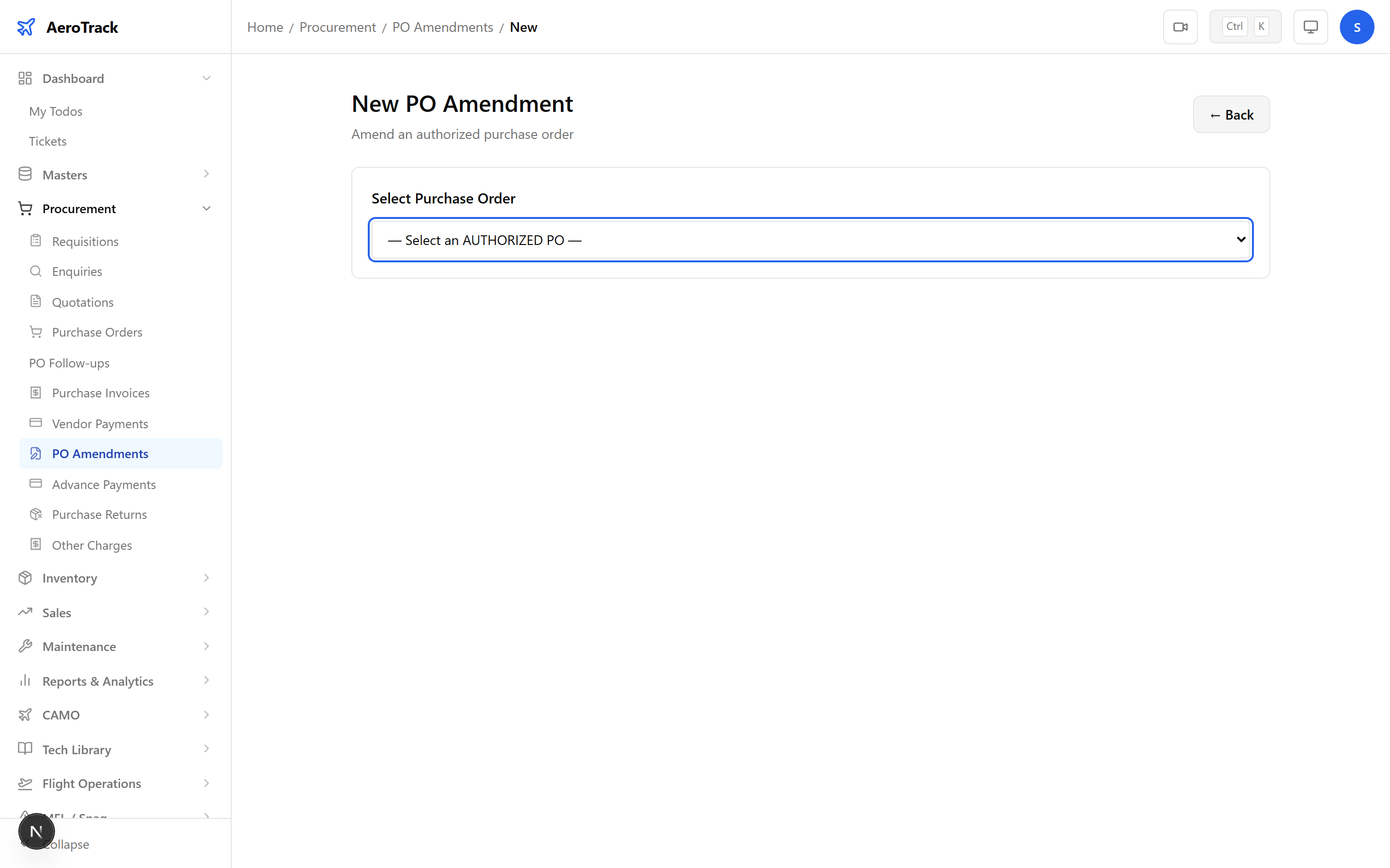 Amendment form with PO selector showing PO info card, line items table with editable quantities and prices, and reason field
