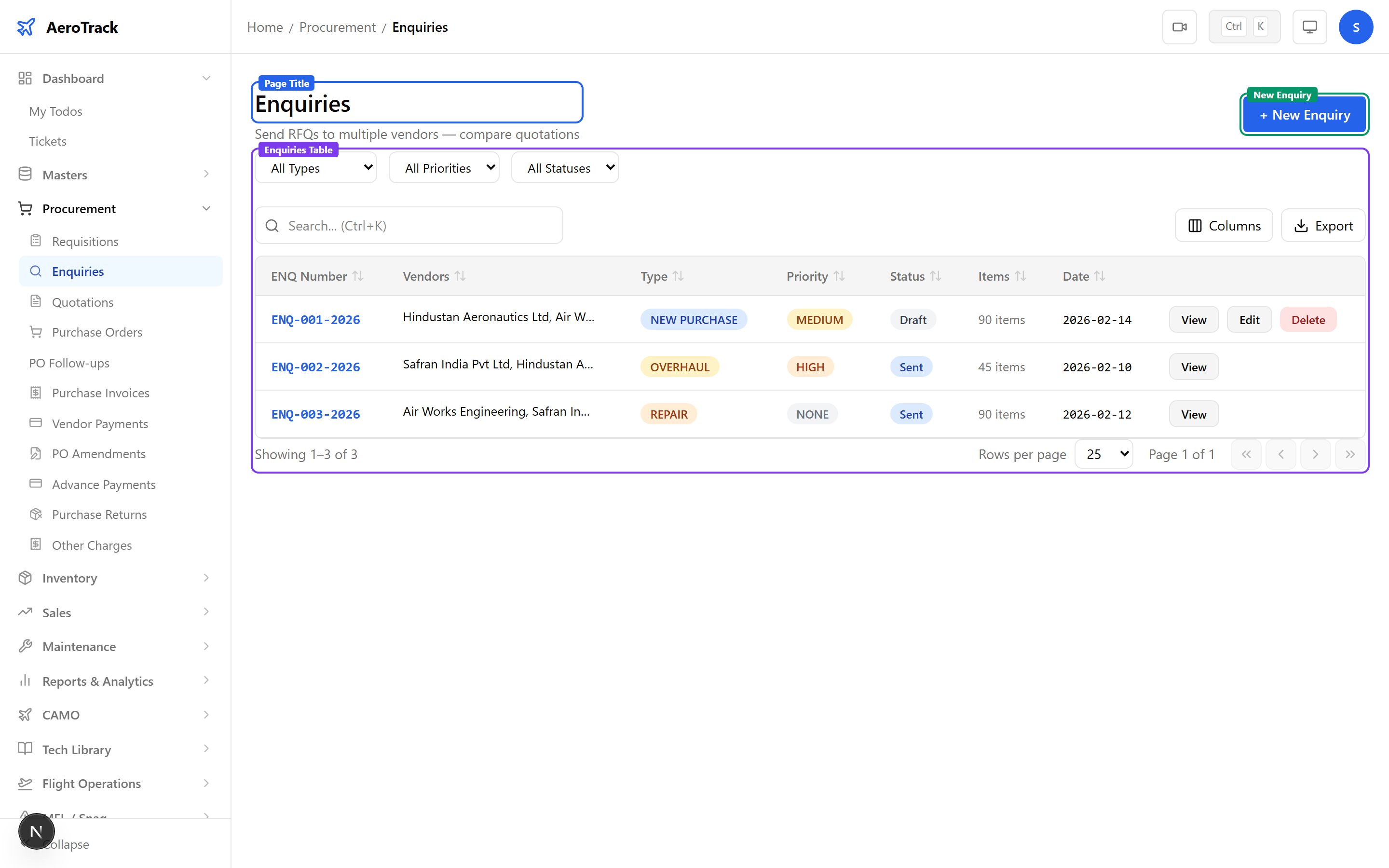 Enquiries list with enquiry numbers, vendor counts, type badges, priority badges, and status indicators