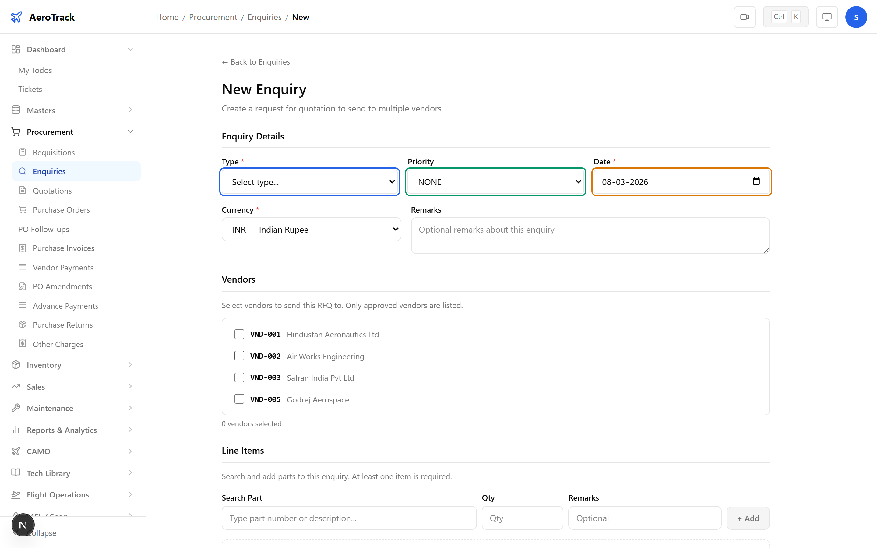 Enquiry form showing type dropdown, priority selector, date picker, currency field, and remarks textarea