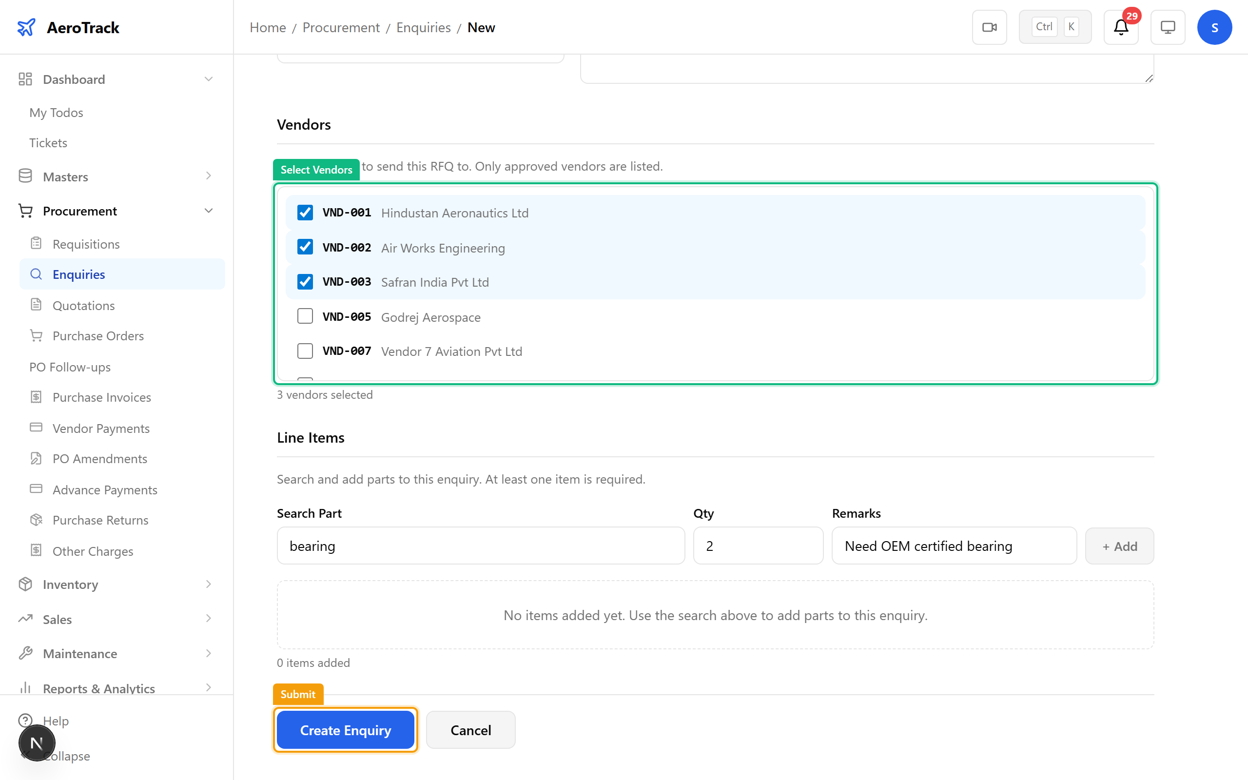 Enquiry form with vendor checkboxes