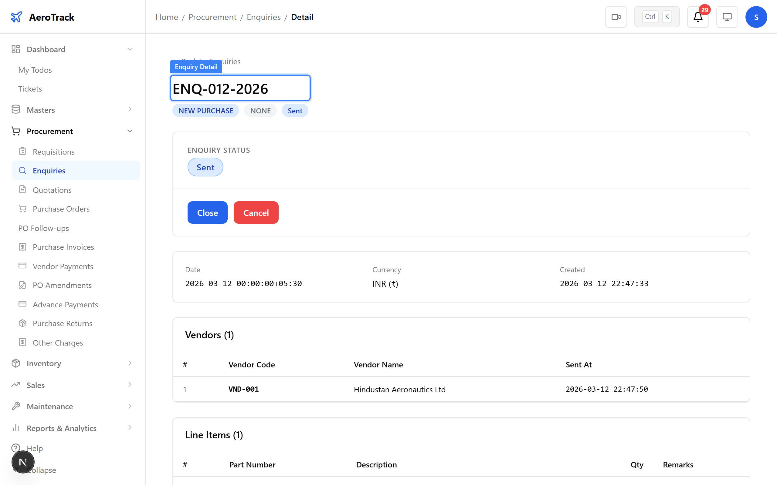 Enquiry detail with vendor list and items