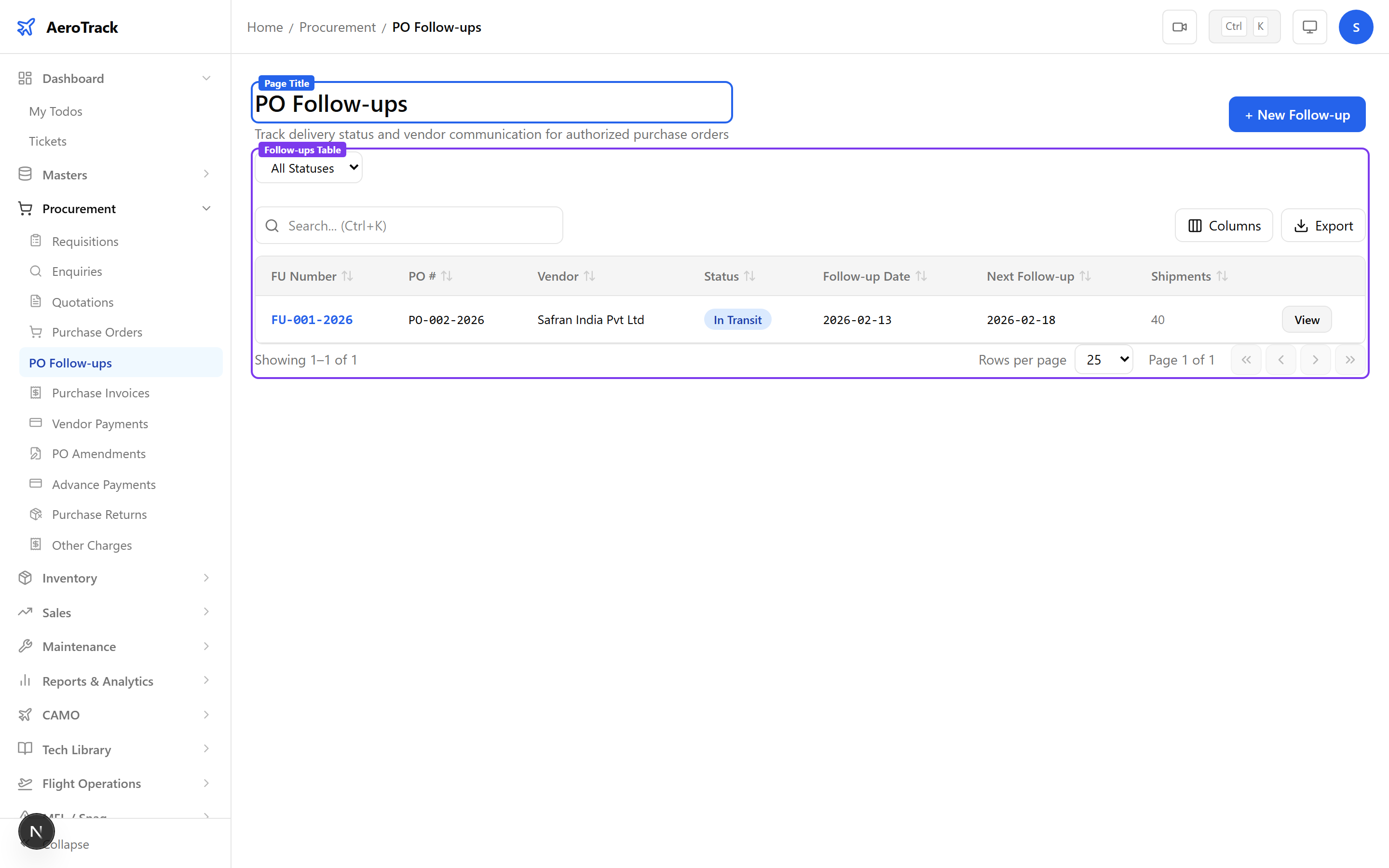 Follow-ups list showing FU numbers, PO references, vendors, status badges, follow-up dates, and next follow-up dates