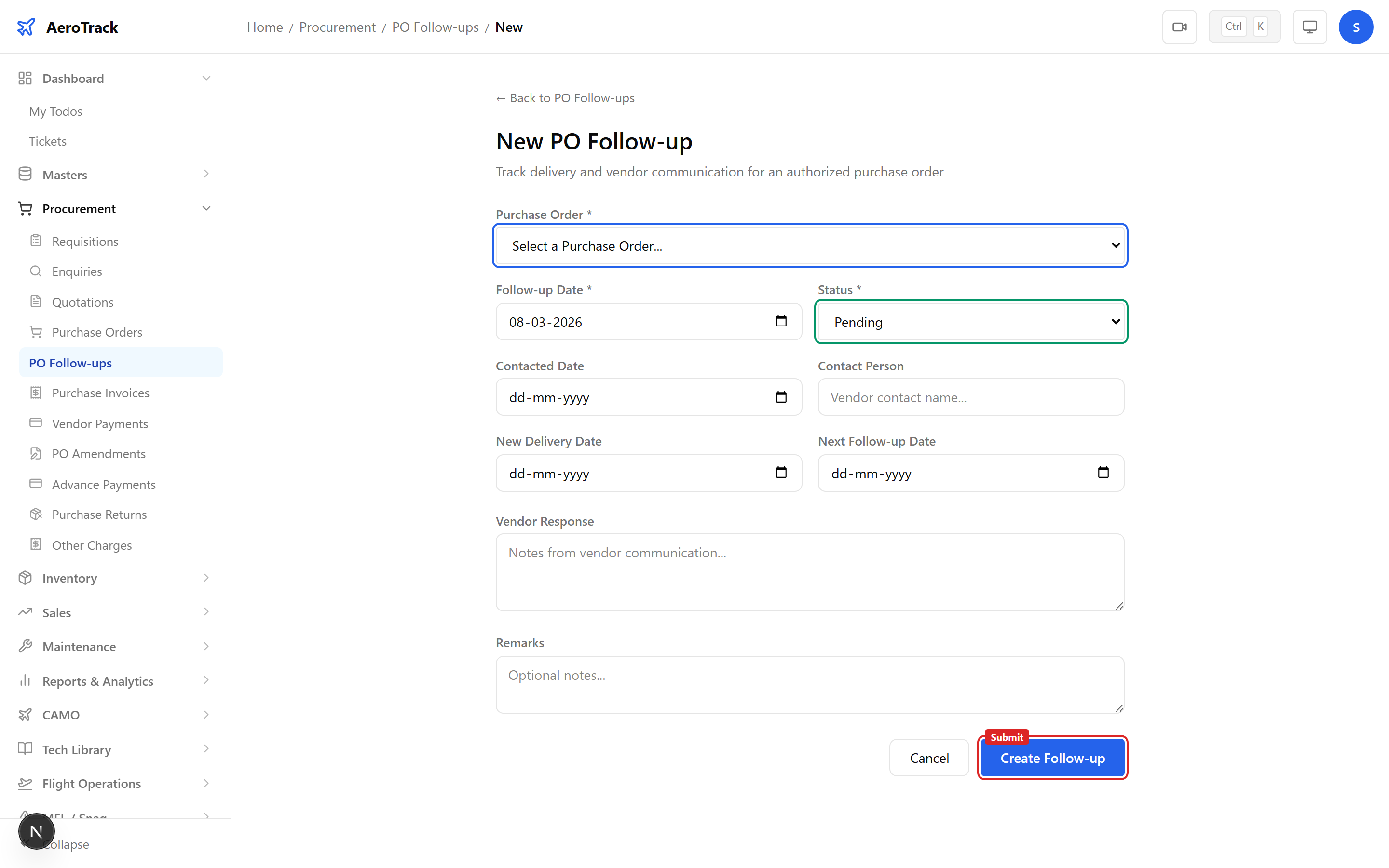 Follow-up form with PO selector, status dropdown, contacted date, contact person, delivery dates, and vendor response fields