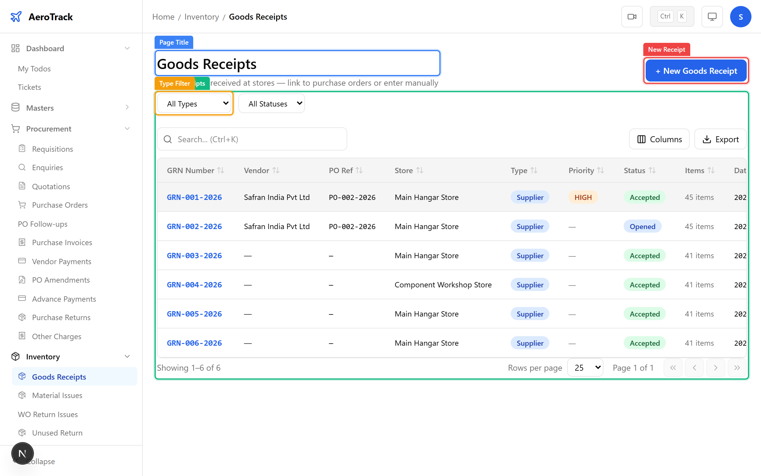 Goods receipts list with type and status filters