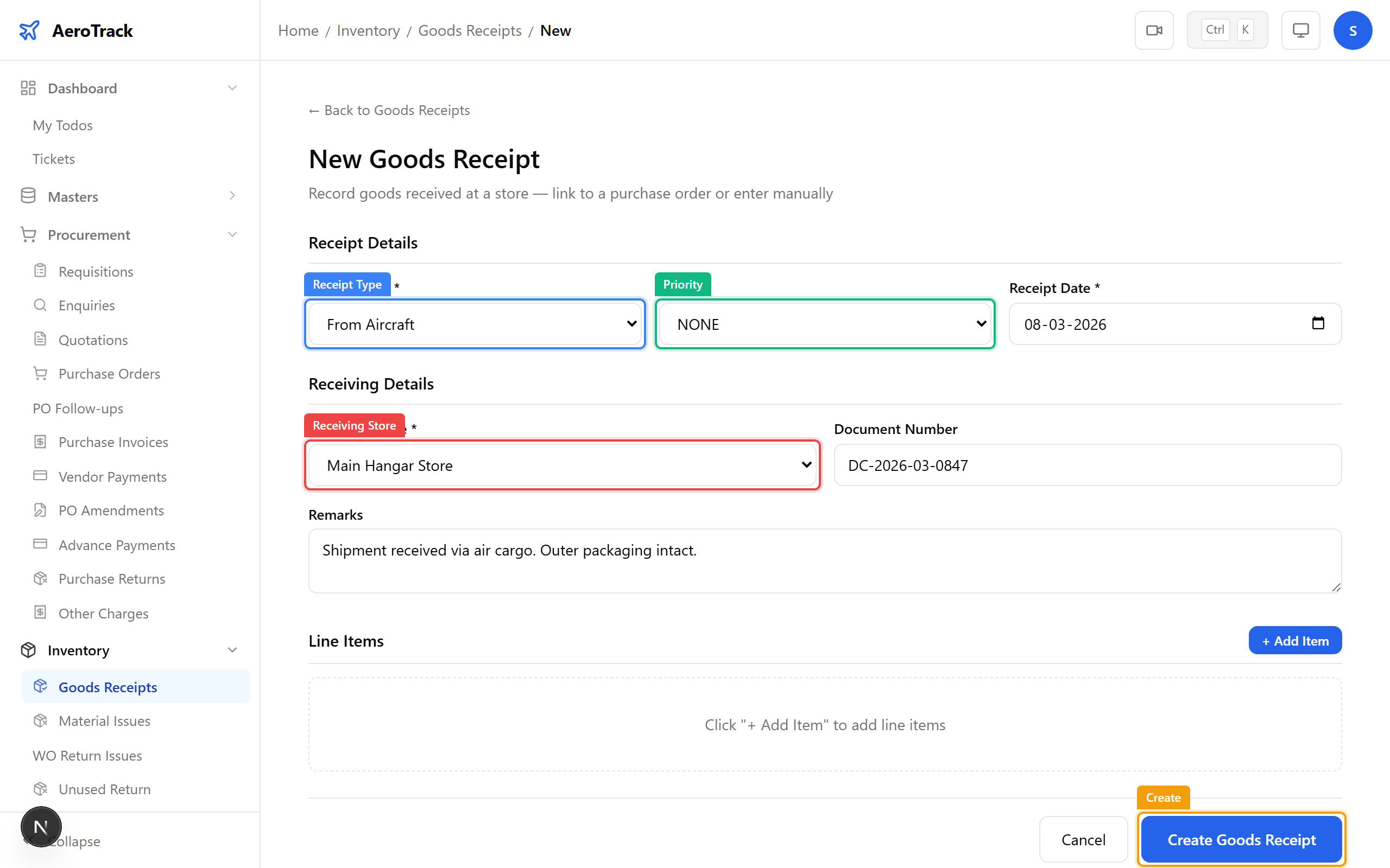 Goods receipt form with type, PO selector, store, and received quantities
