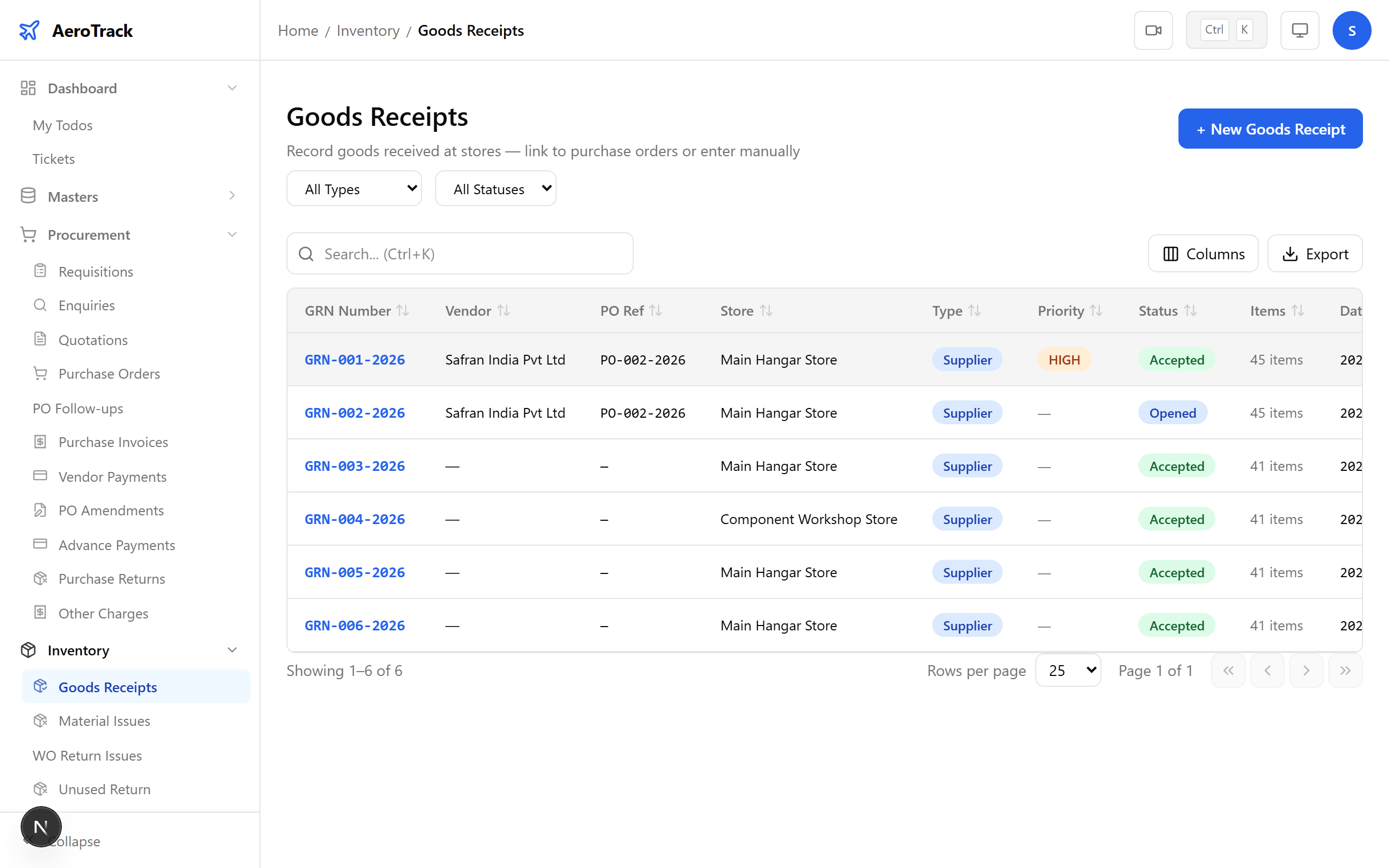 Goods receipt detail page with line items and inspection controls