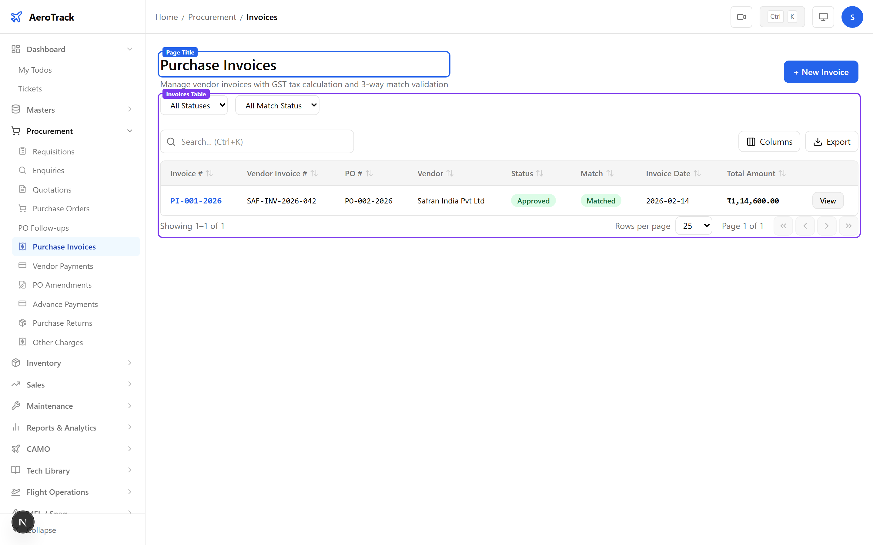 Invoices list showing invoice numbers, vendors, PO references, status badges, match indicators, and total amounts