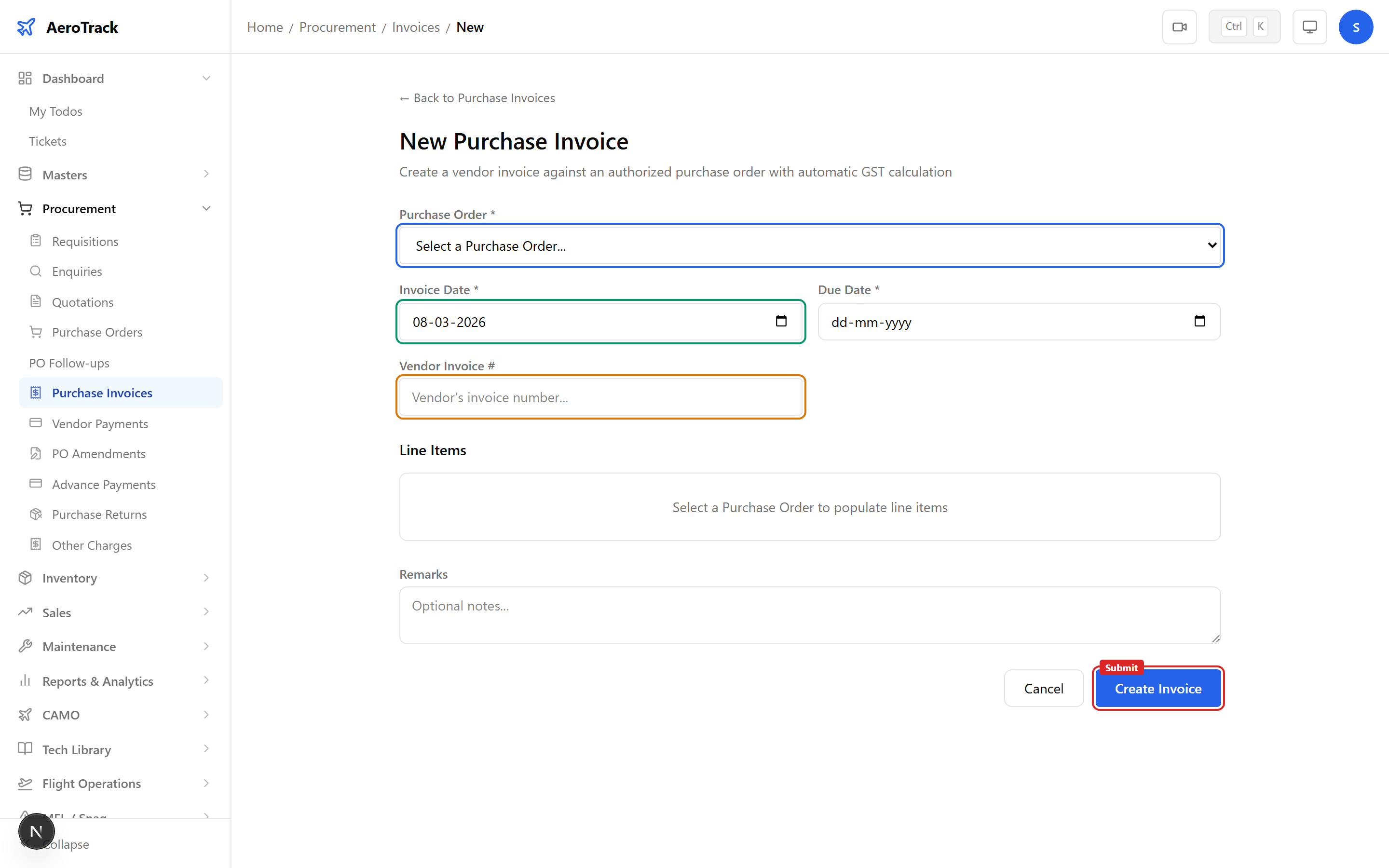 Invoice form with PO selector, invoice date, due date, vendor invoice number field, and auto-populated vendor details